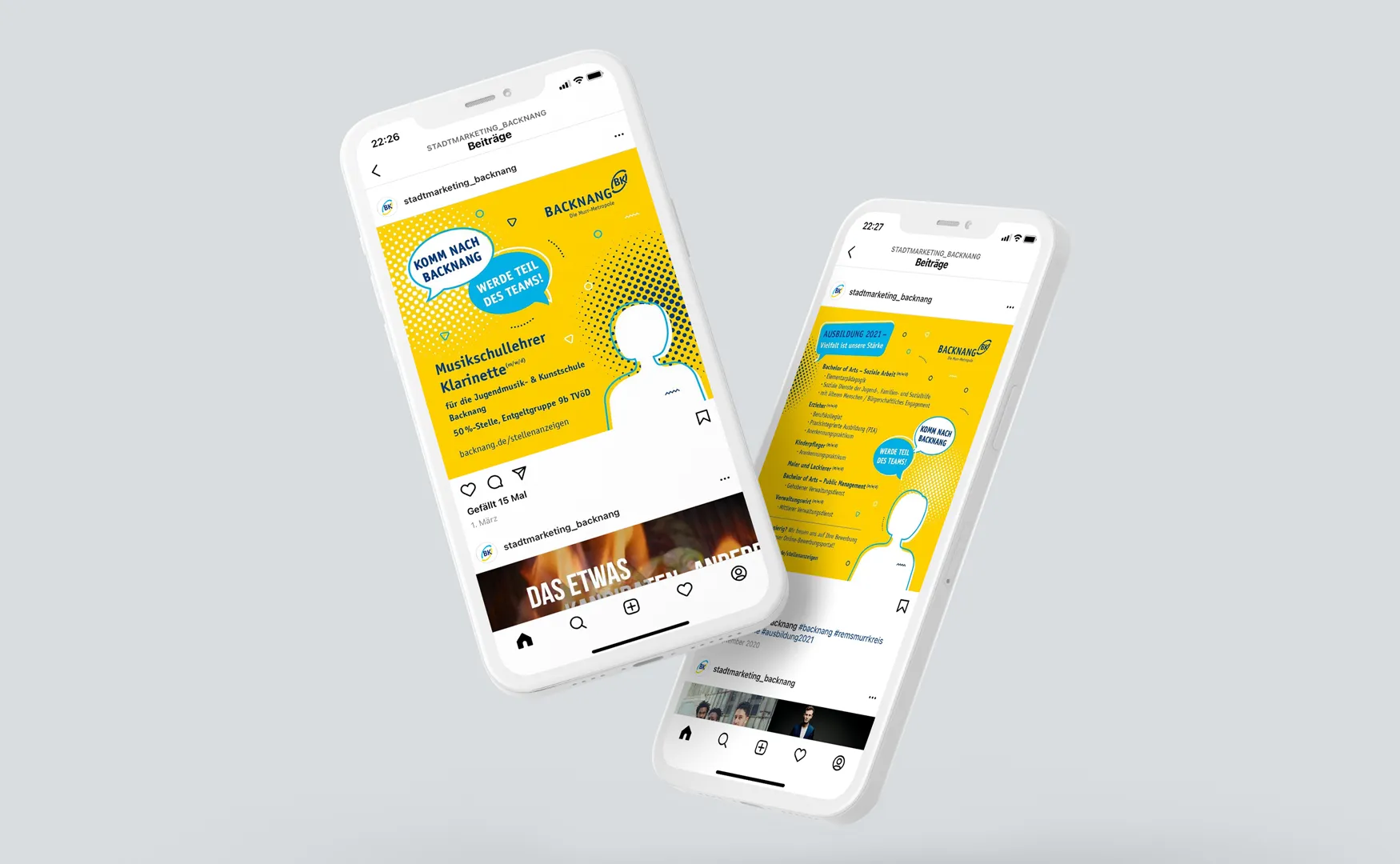 Zwei Smartphones mit Instagram-Beiträgen der Ausbildungskampagne der Stadt Backnang in Gelb