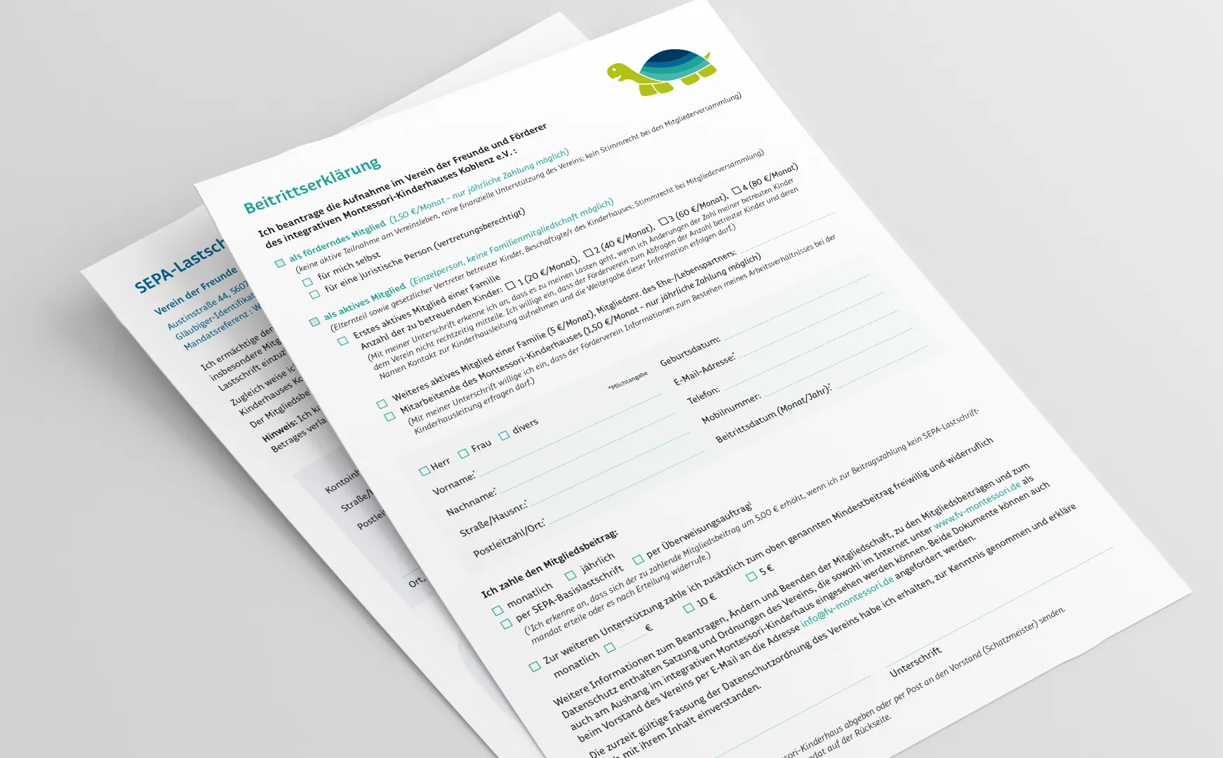 Beitrittserklärung und SEPA-Lastschriftmandat des Montessori-Fördervereins mit Schildkrötenlogo auf zwei Formularblättern