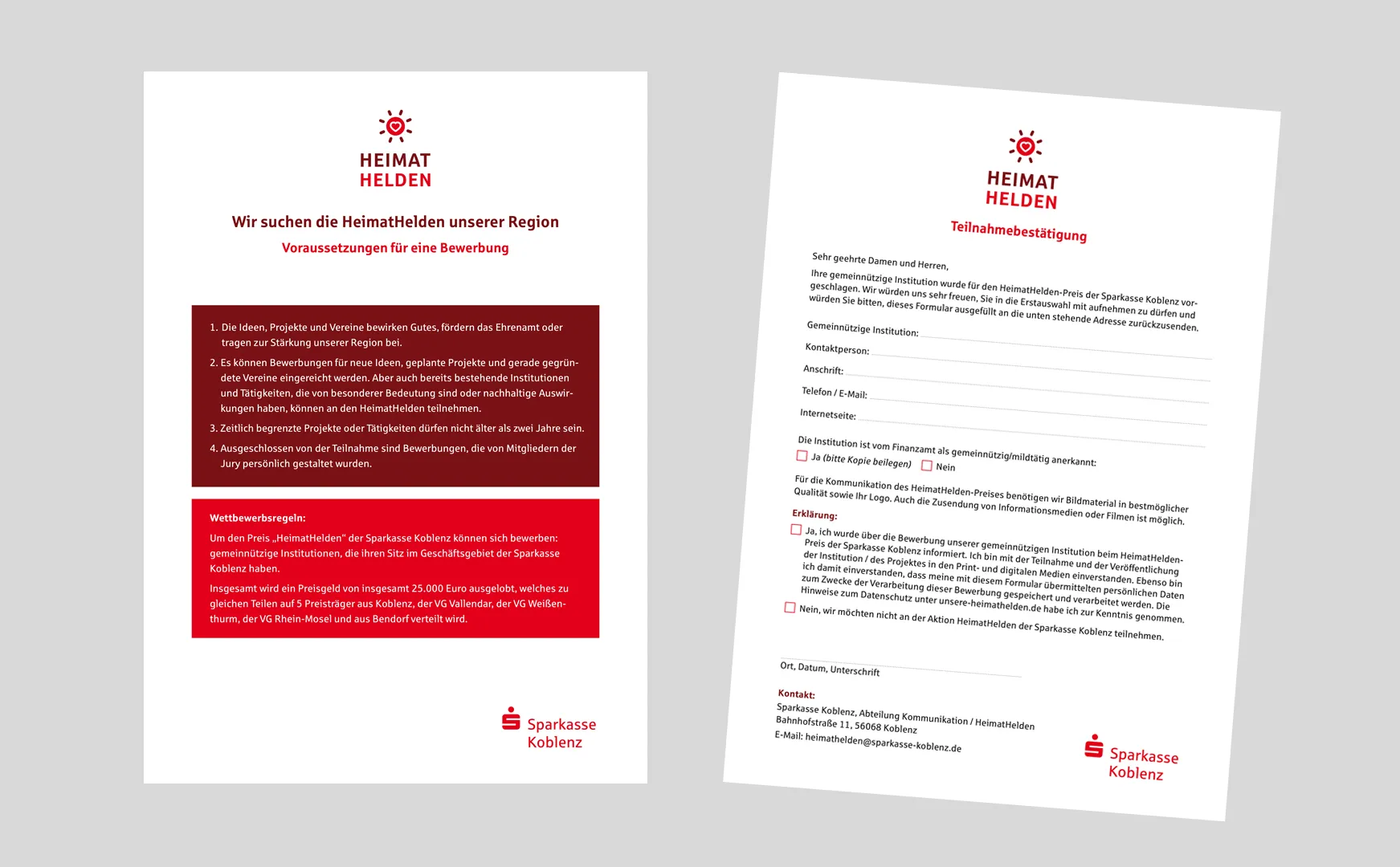 Seiten zu Bewerbungsvoraussetzungen und Teilnahmebestätigung für den HeimatHelden-Preis der Sparkasse Koblenz