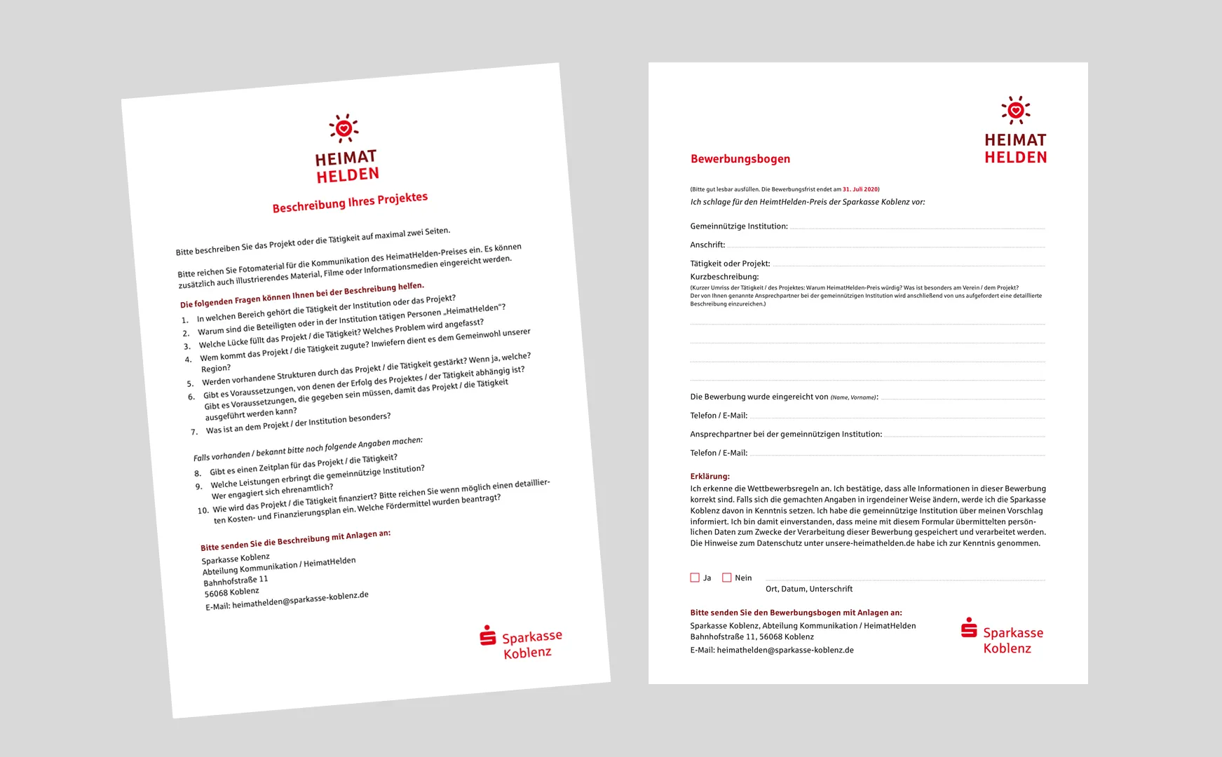Projektbeschreibung und Bewerbungsbogen für den HeimatHelden-Preis im Layout der Sparkasse Koblenz