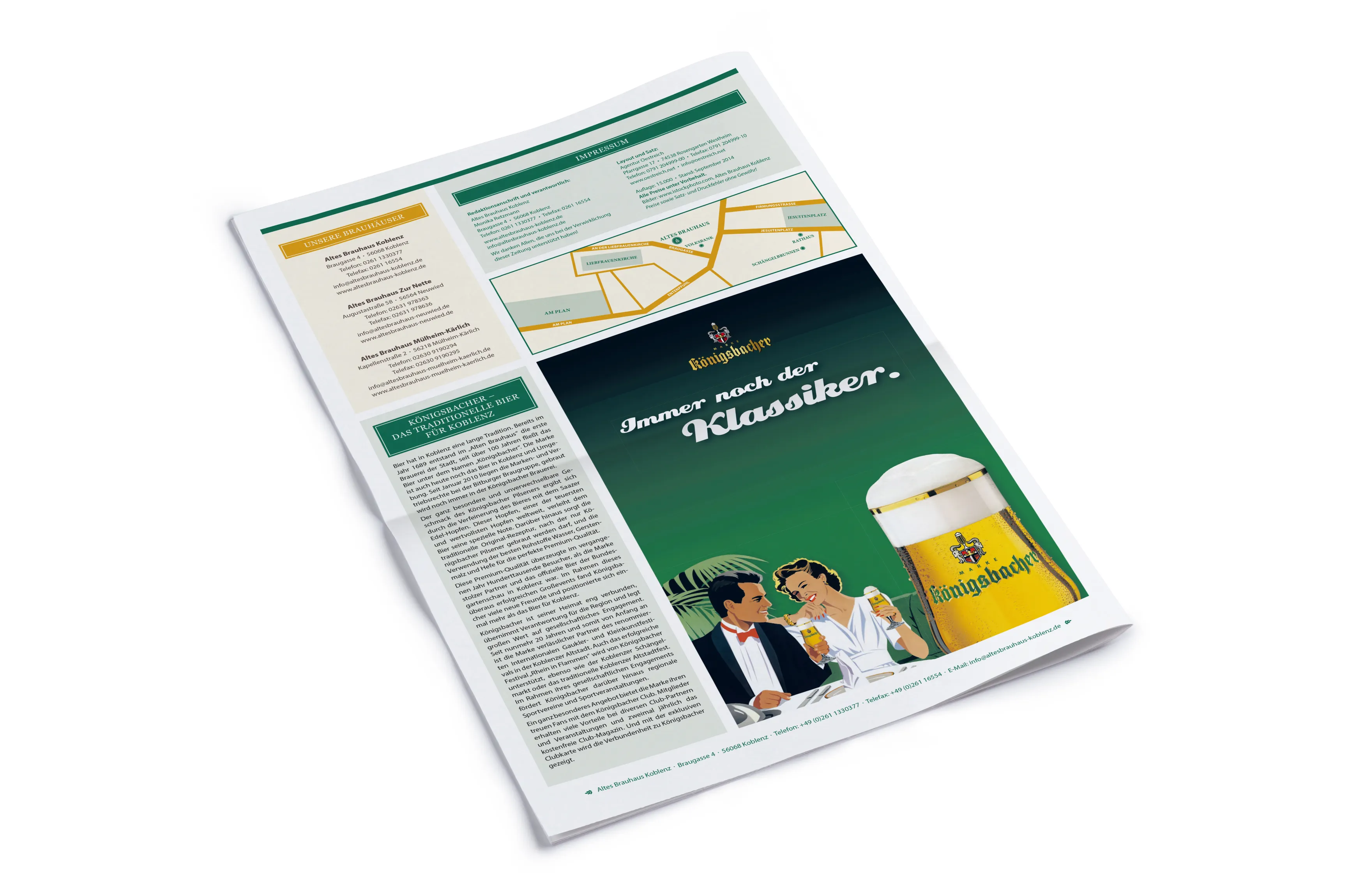 Rückseite der Brauhauszeitung mit Anfahrtsplan und ganzseitiger Anzeige für Königsbacher Bier