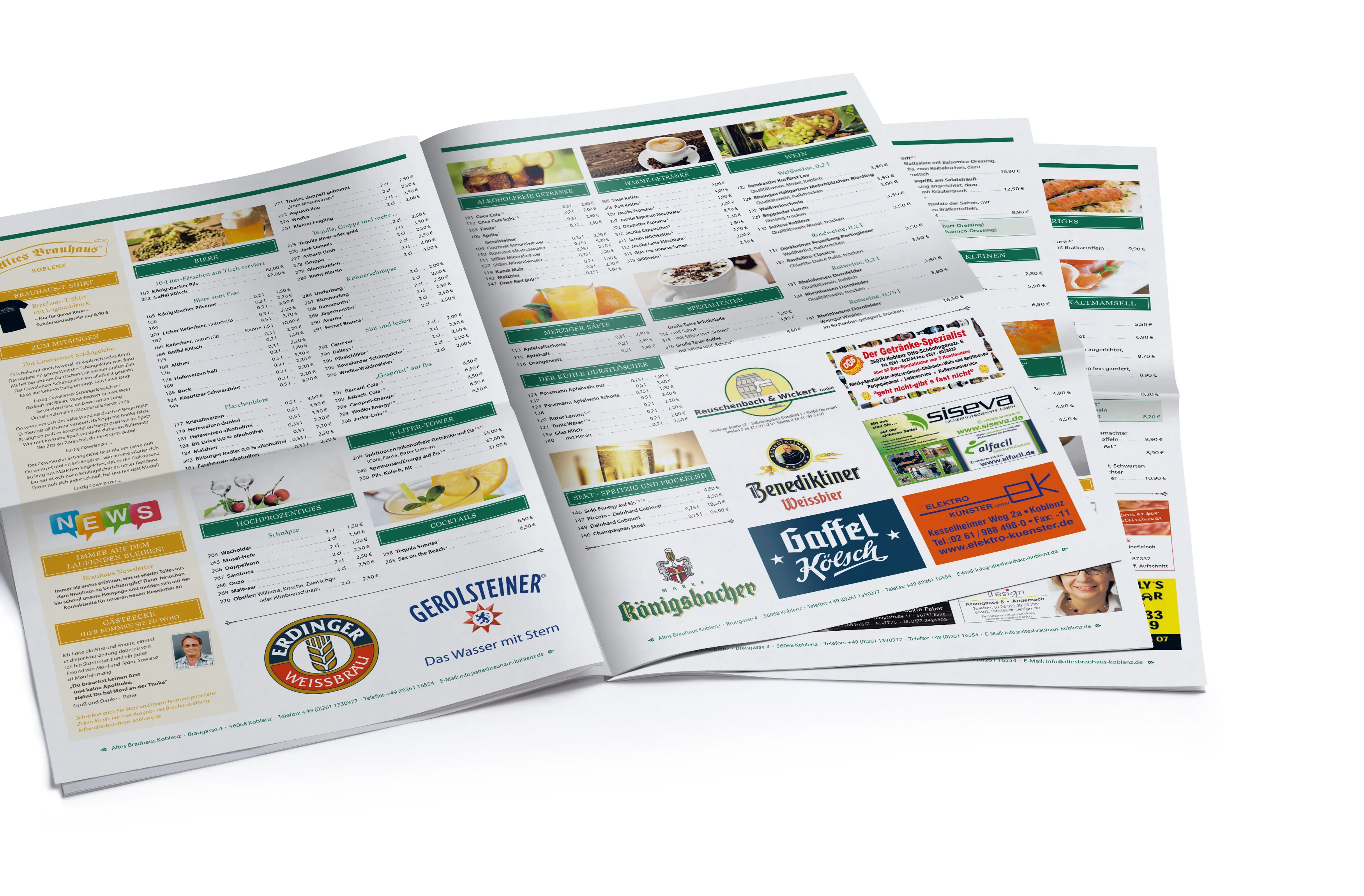 Aufgeschlagene Brauhauszeitung mit Speisekarte, Getränkeangebot und Anzeigen regionaler Partner