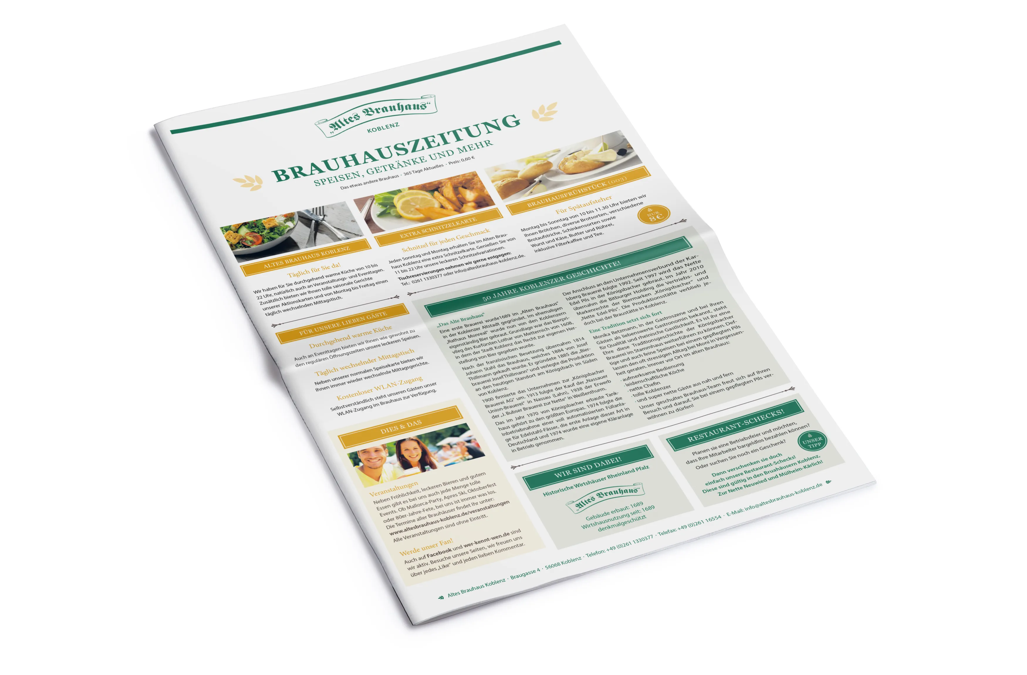 Titelseite der Brauhauszeitung mit grünem Logo, Speisenfotos und Textspalten
