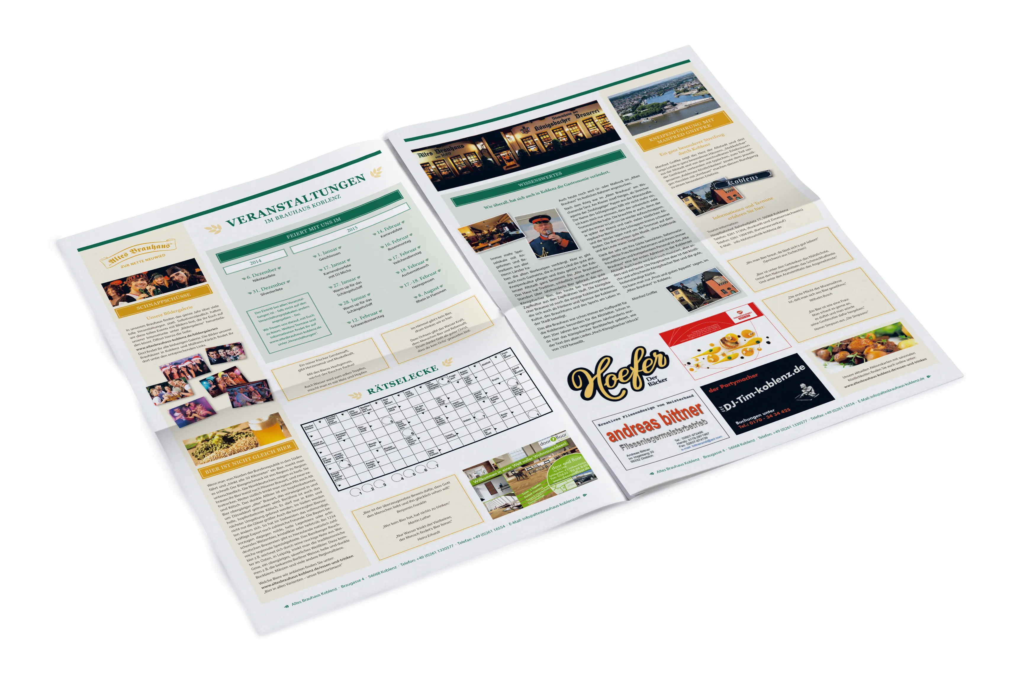 Innenseiten der Brauhauszeitung mit Veranstaltungen, Kreuzworträtsel, Fotos und Anzeigen