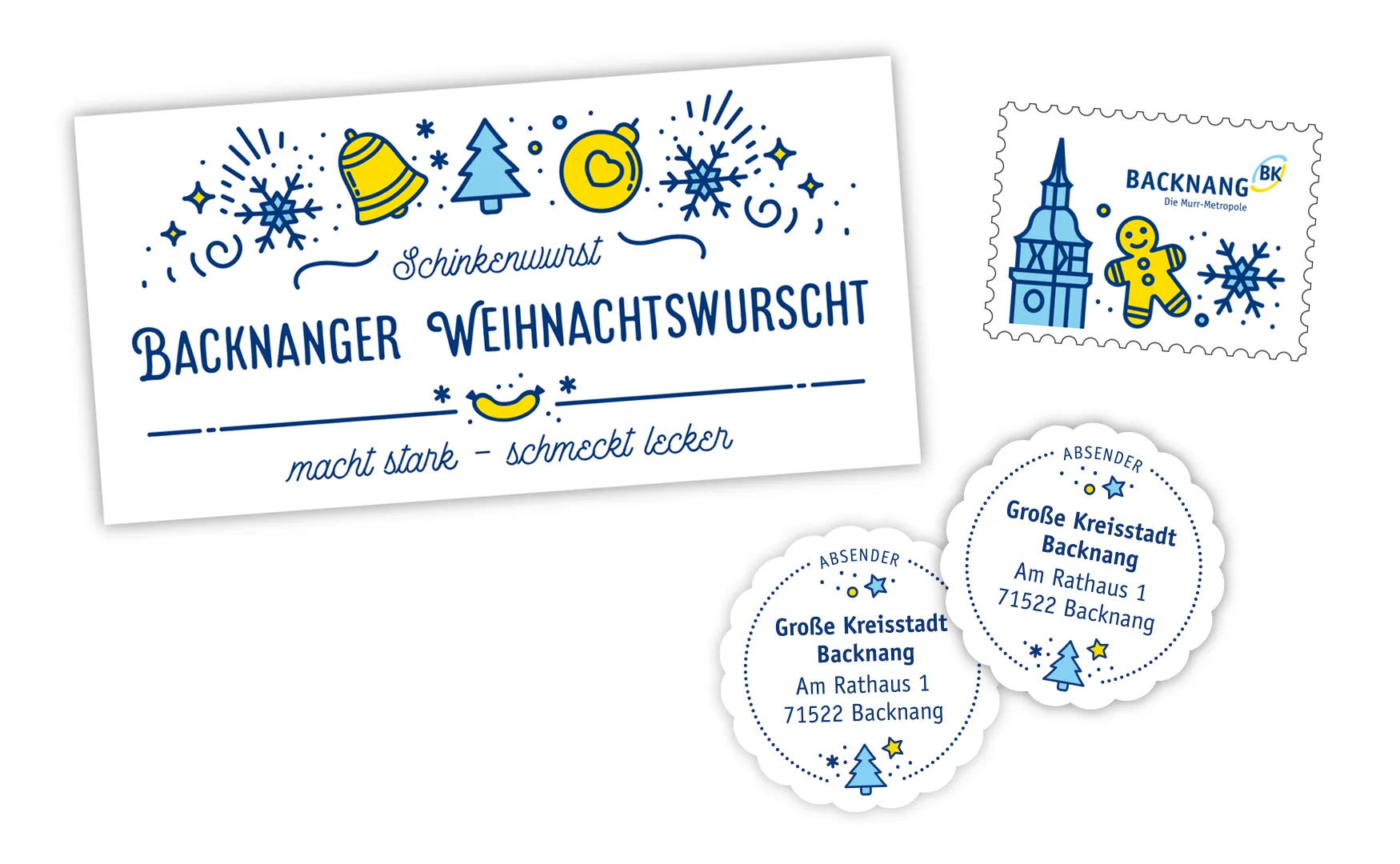Wurstetikett Backnanger Weihnachtswurscht, Briefmarke und runde Absenderaufkleber der Stadt Backnang
