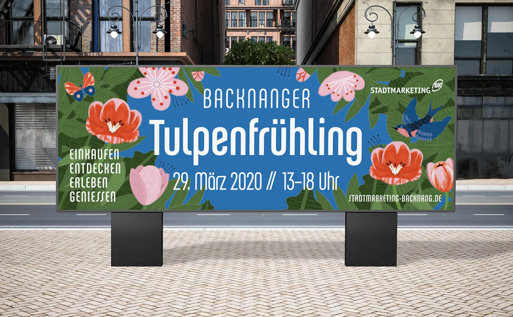 Großflächenplakat zum Backnanger Tulpenfrühling am 29. März 2020 in einer Fußgängerzone