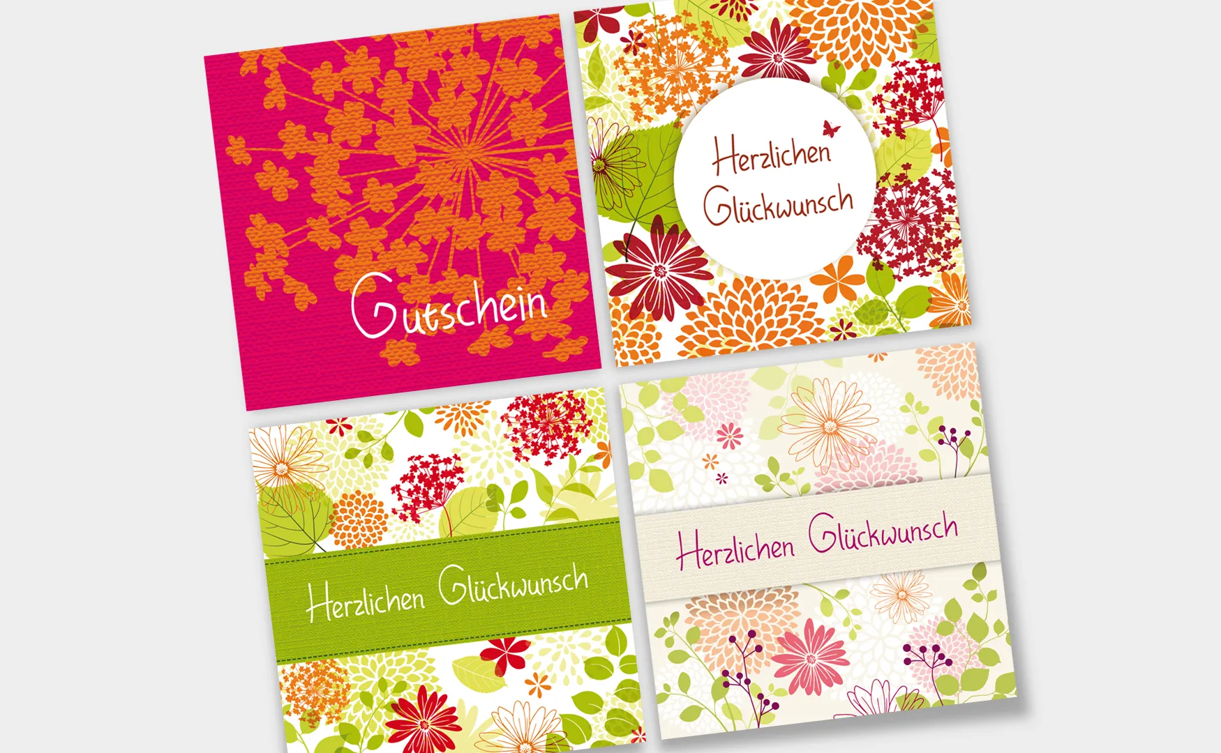 Vier Gutscheine und Glückwunschkarten des Blumenlädchens mit bunten Blumenillustrationen