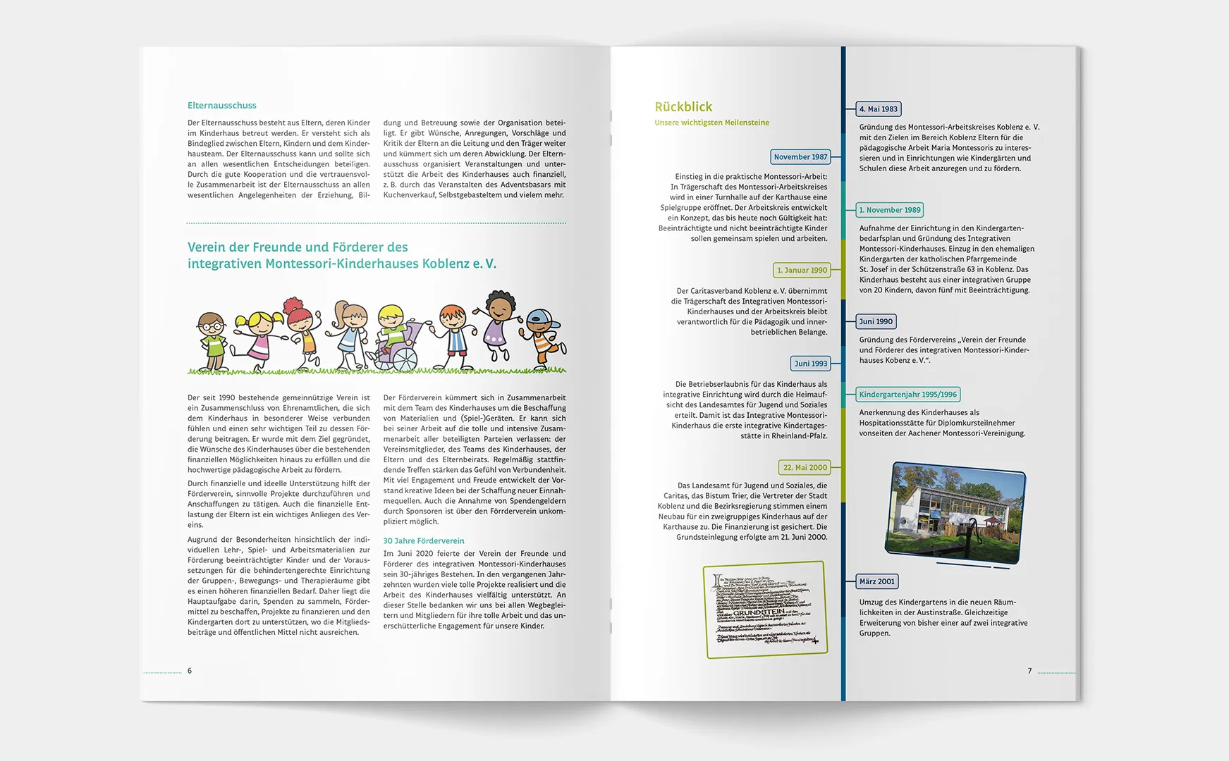 Doppelseite der Förderverein-Broschüre mit Vereinsgeschichte, Kinderillustration und Zeitleiste
