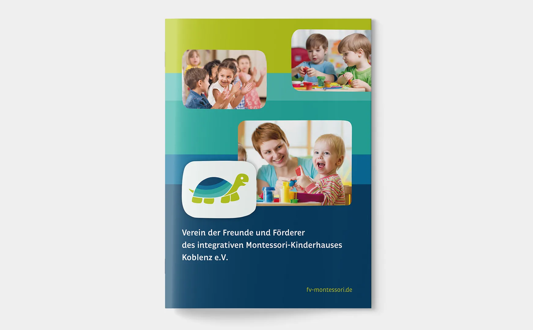 Titelseite der Imagebroschüre des Montessori-Fördervereins Koblenz mit Kinderfotos und Schildkrötenlogo