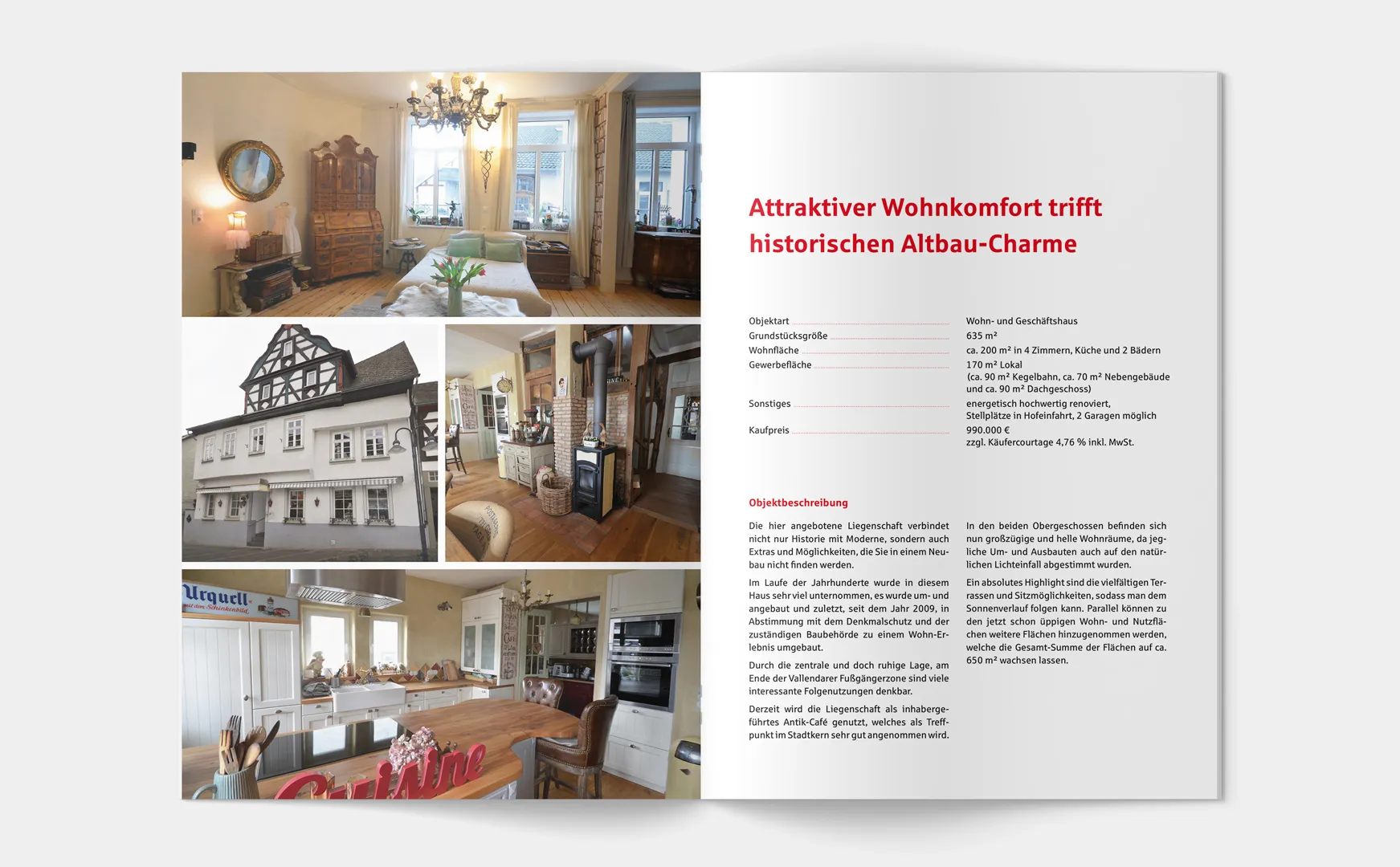 Exposé-Doppelseite mit Innen- und Außenfotos eines Altbaus, Objektdaten und Beschreibung