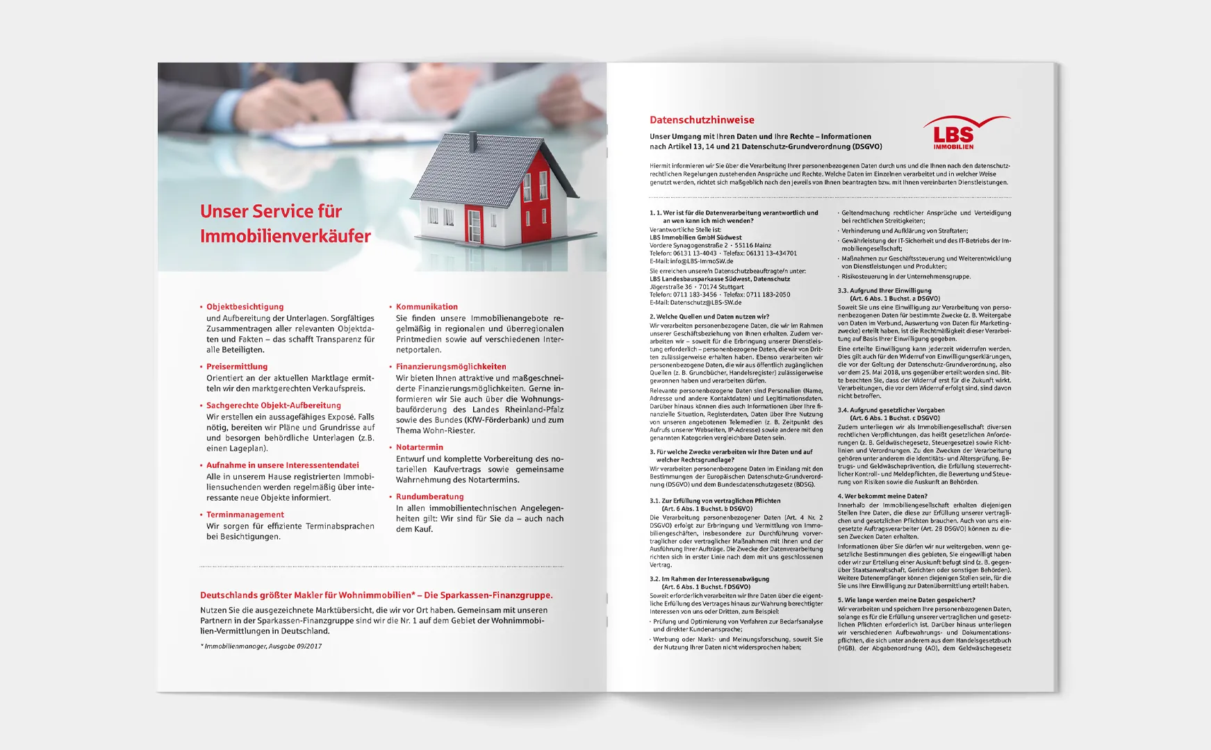 Exposé-Doppelseite mit Serviceleistungen für Immobilienverkäufer und Datenschutzhinweisen der Sparkasse