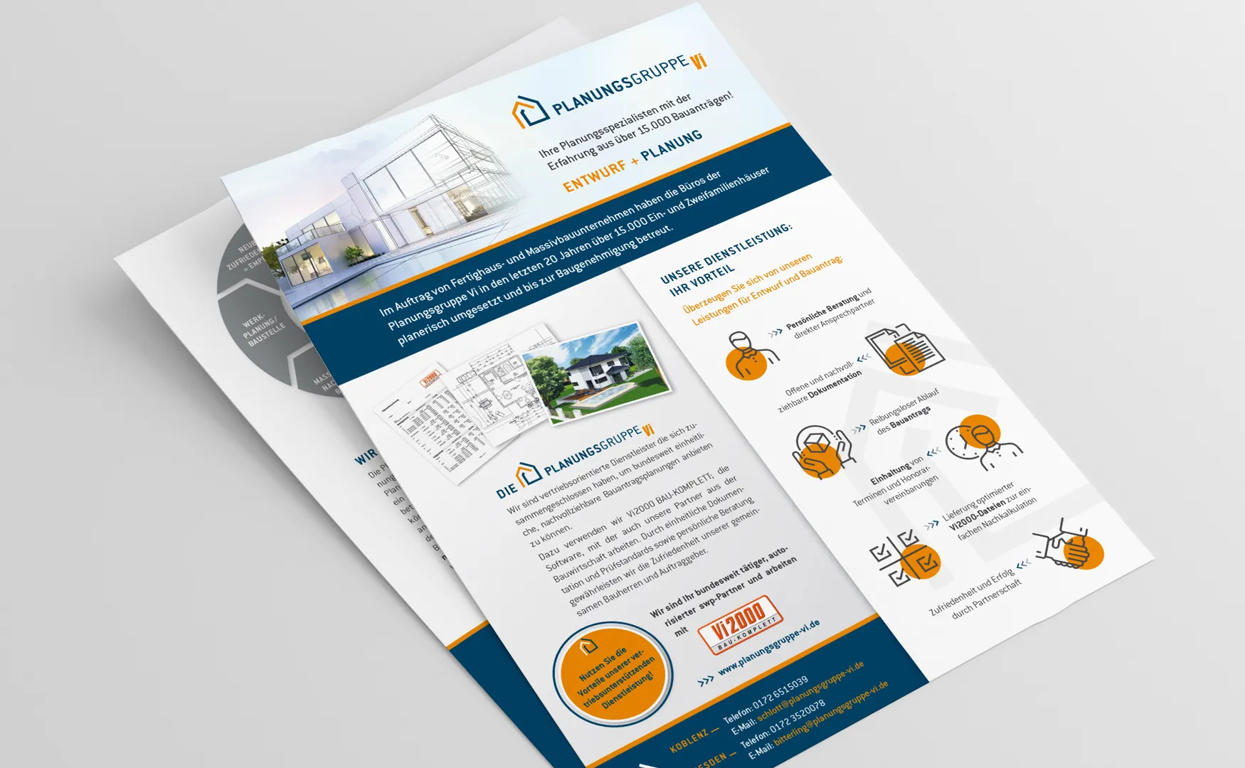 Vorderseite des Informationsflyers der Planungsgruppe-Vi mit Architekturfoto und Dienstleistungs-Icons