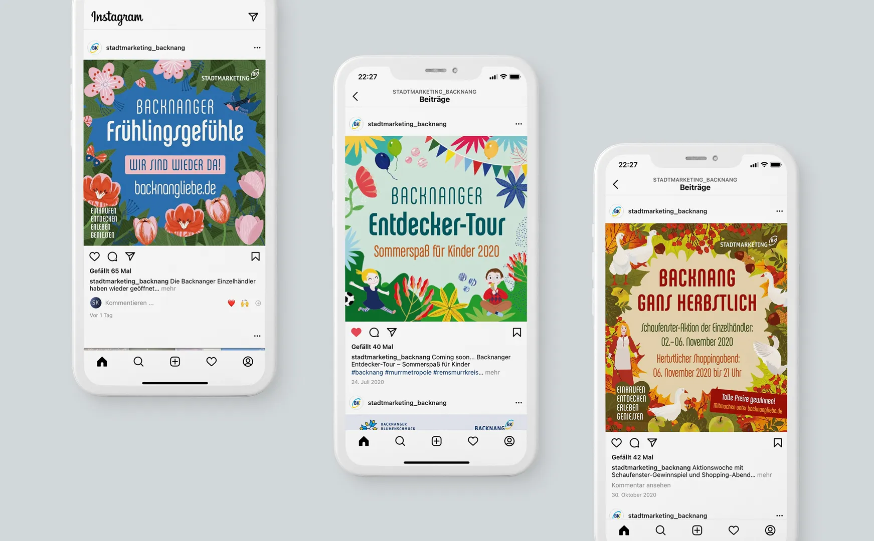 Drei Smartphones mit Instagram-Beiträgen von Stadtmarketing Backnang im illustrierten Stil
