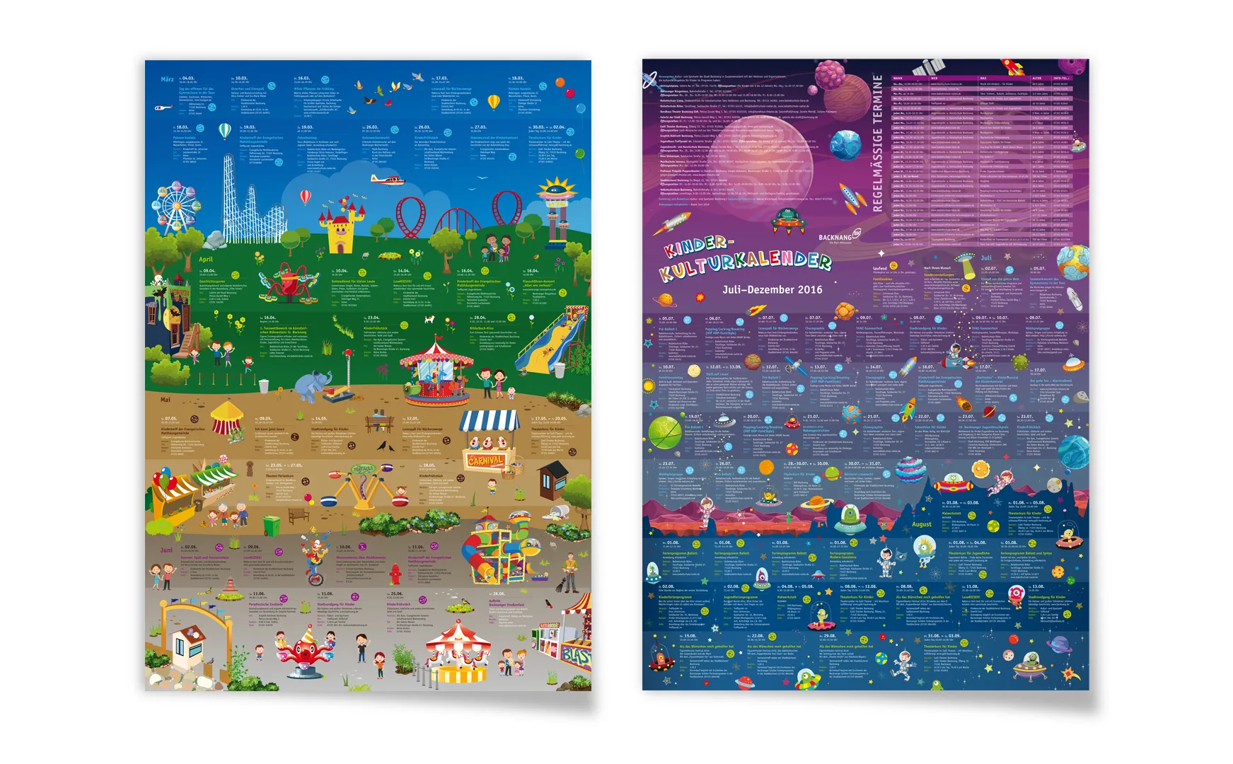 Zwei Plakatkalender für Kinder in Backnang mit Jahrmarkt- und Weltraummotiv