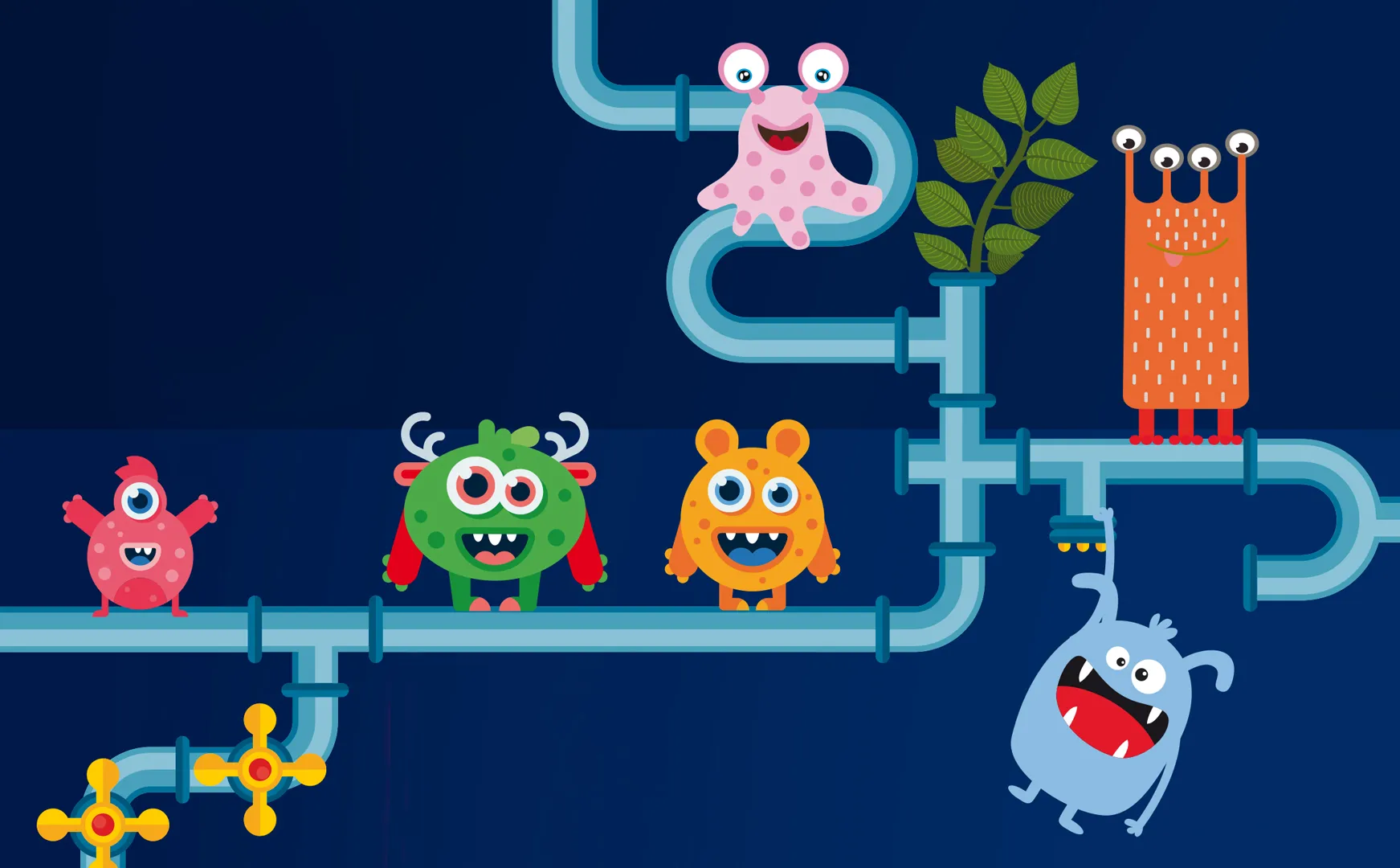 Illustrierte bunte Monster auf blauen Rohrleitungen aus dem Kinderkulturkalender Backnang