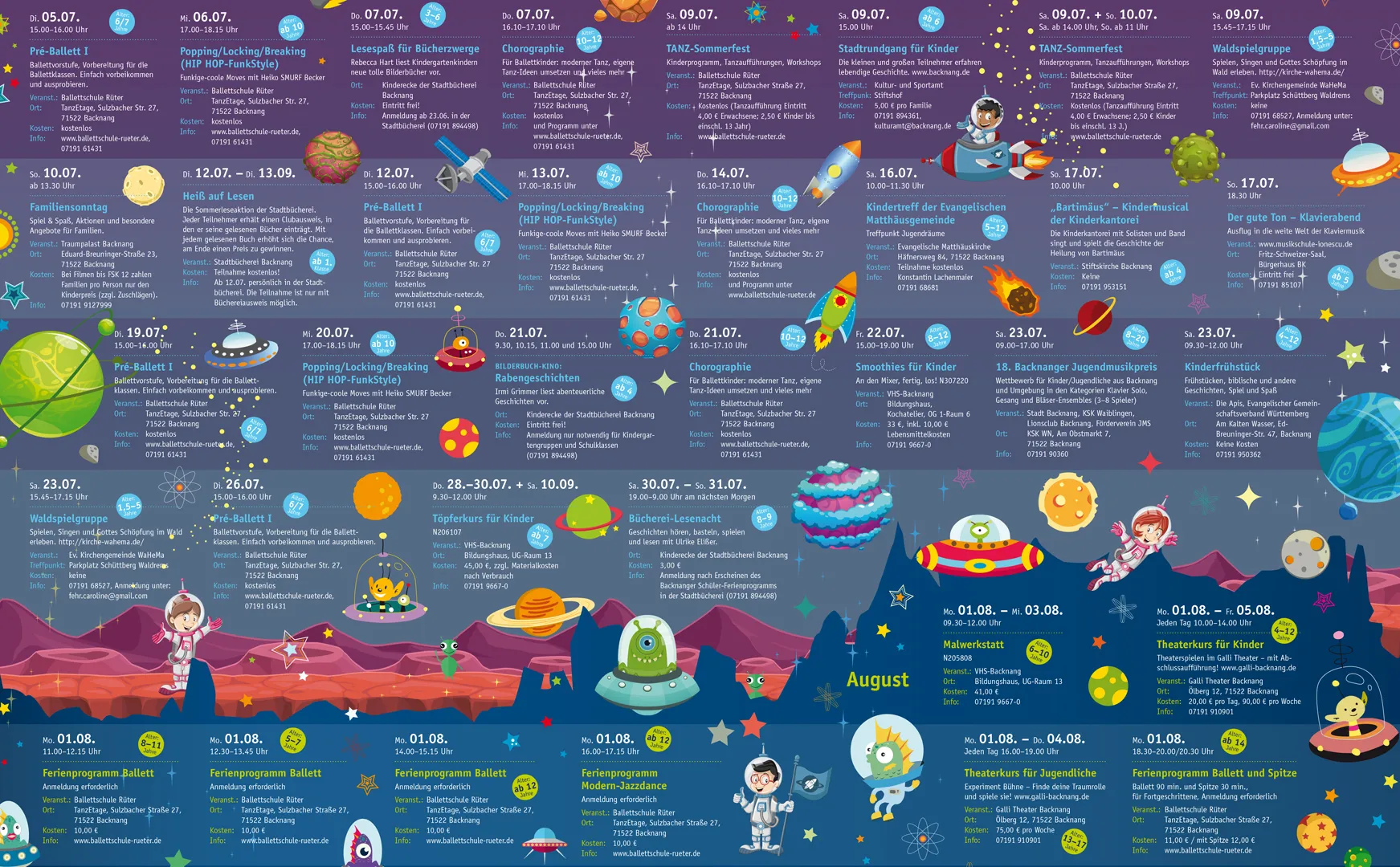 Ausschnitt des Kinderkulturkalenders mit Weltraumillustration, Raketen, Planeten und Terminen für Juli