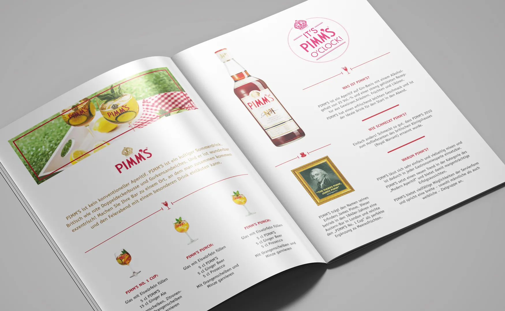 Pimm's-Doppelseite der Kooperationsvereinbarung mit Picknickmotiv, Flasche und Punschrezepten
