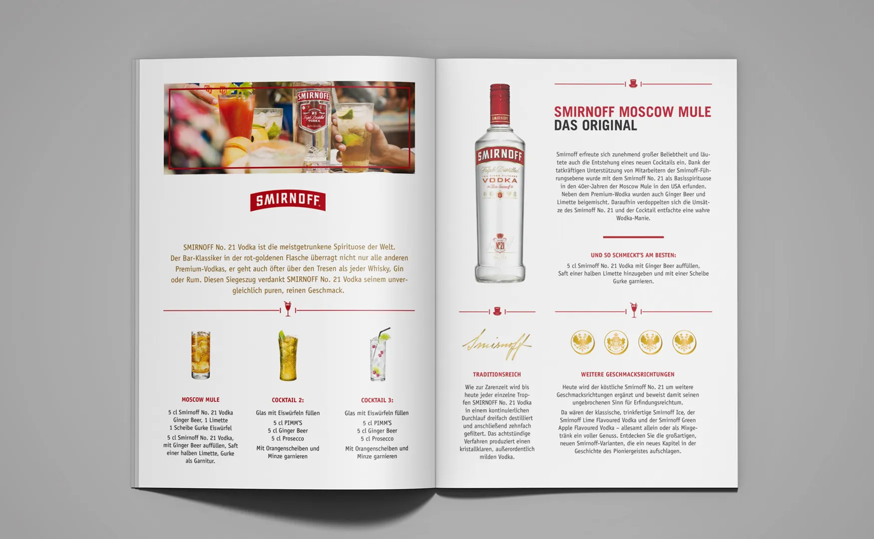 Zweite Smirnoff-Doppelseite der Diageo-Vorlage mit Moscow-Mule-Rezept, Cocktailgläsern und Flaschenfoto