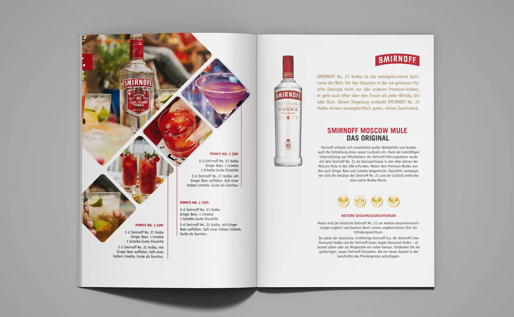Doppelseite mit Smirnoff-Vodka, Cocktailrezepten und Fotos in Rautenform für Diageo