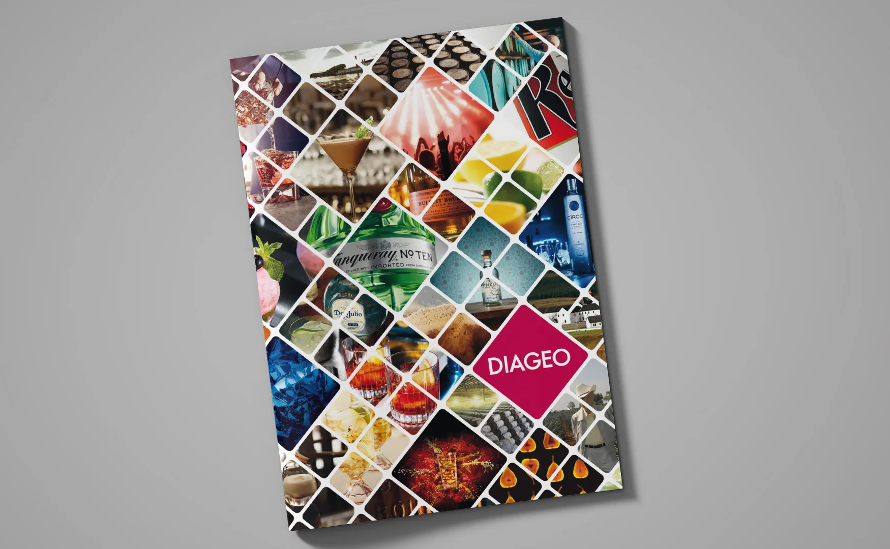 Umschlag einer Diageo-Kooperationsvereinbarung mit Rautenmosaik aus Bar- und Getränkefotos