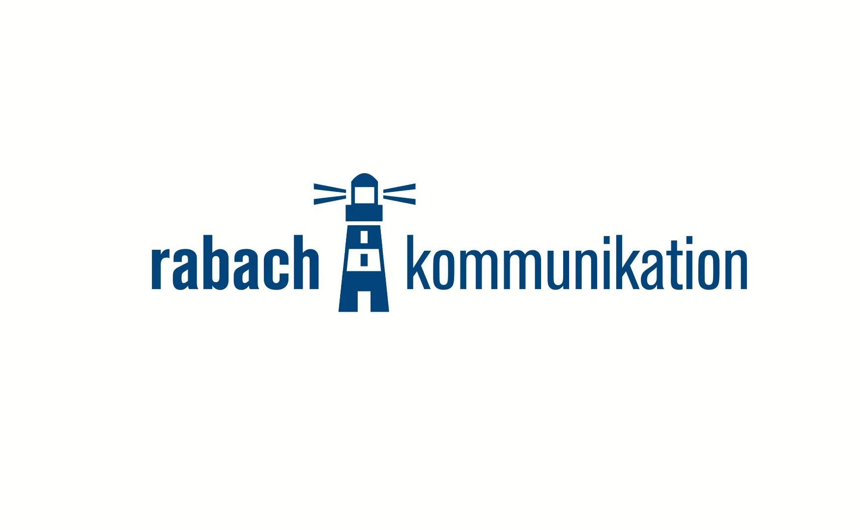 Logo von rabach kommunikation mit blauem Leuchtturm zwischen den beiden Wortteilen