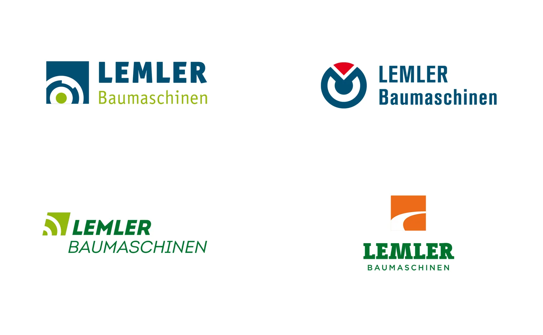 Vier alternative Logoentwürfe für Lemler Baumaschinen in Blau, Grün und Orange