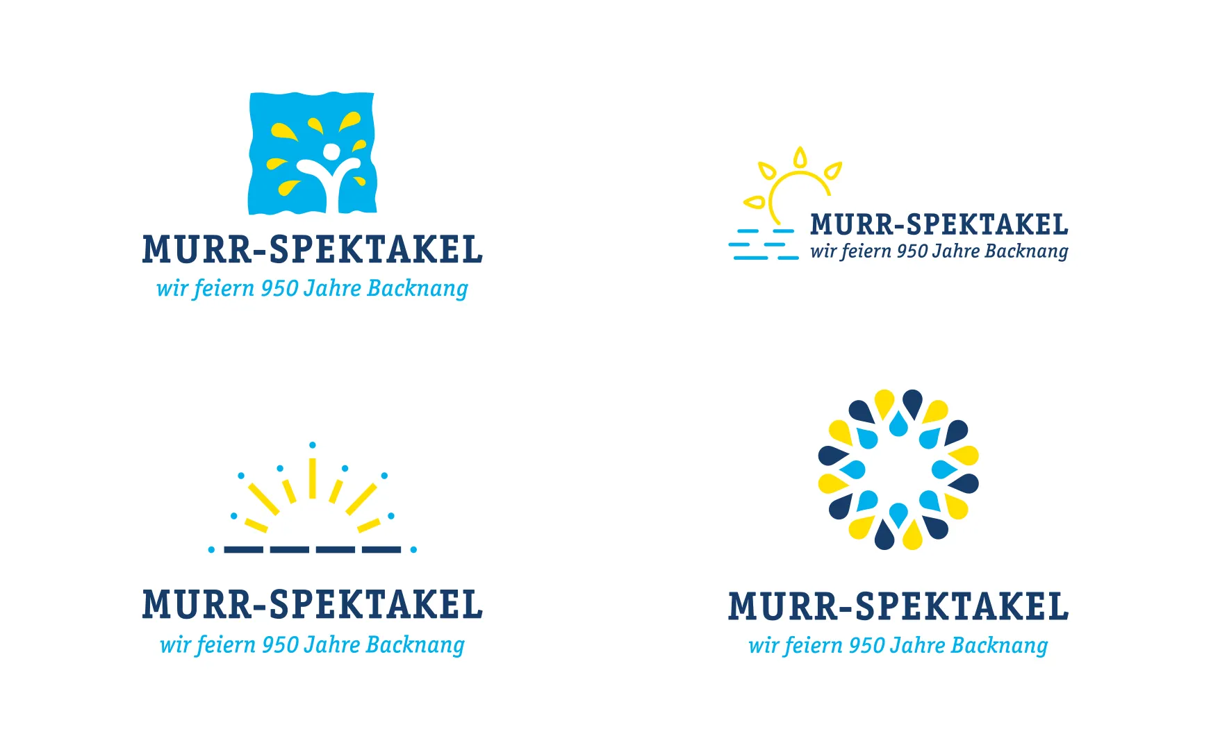 Vier Logoentwürfe für das Murr-Spektakel mit Tropfen-, Sonnen- und Wellenmotiven