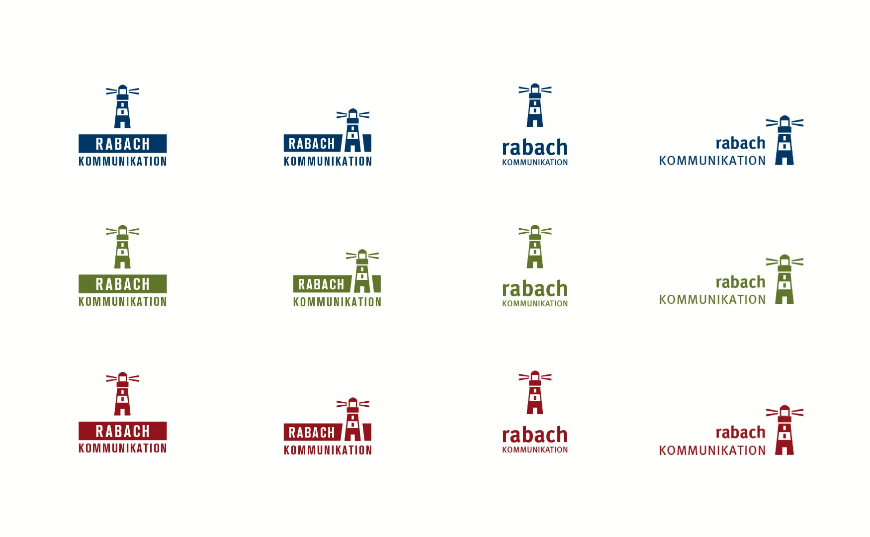 Logoentwürfe für rabach kommunikation mit Leuchtturmsymbol in Blau, Grün und Rot