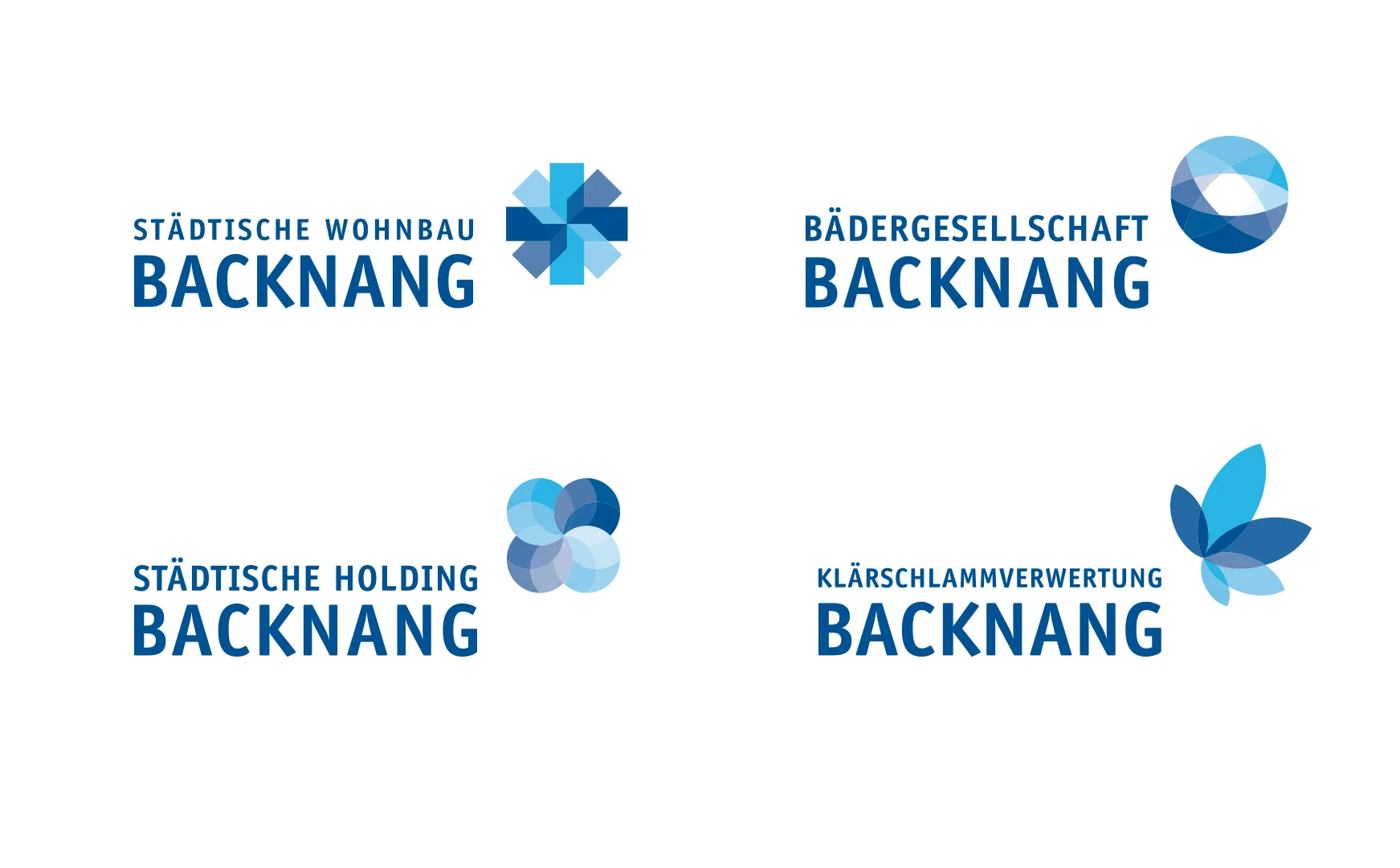 Vier Logos der städtischen Gesellschaften Backnangs mit einheitlichem Schriftzug und blauen Symbolen