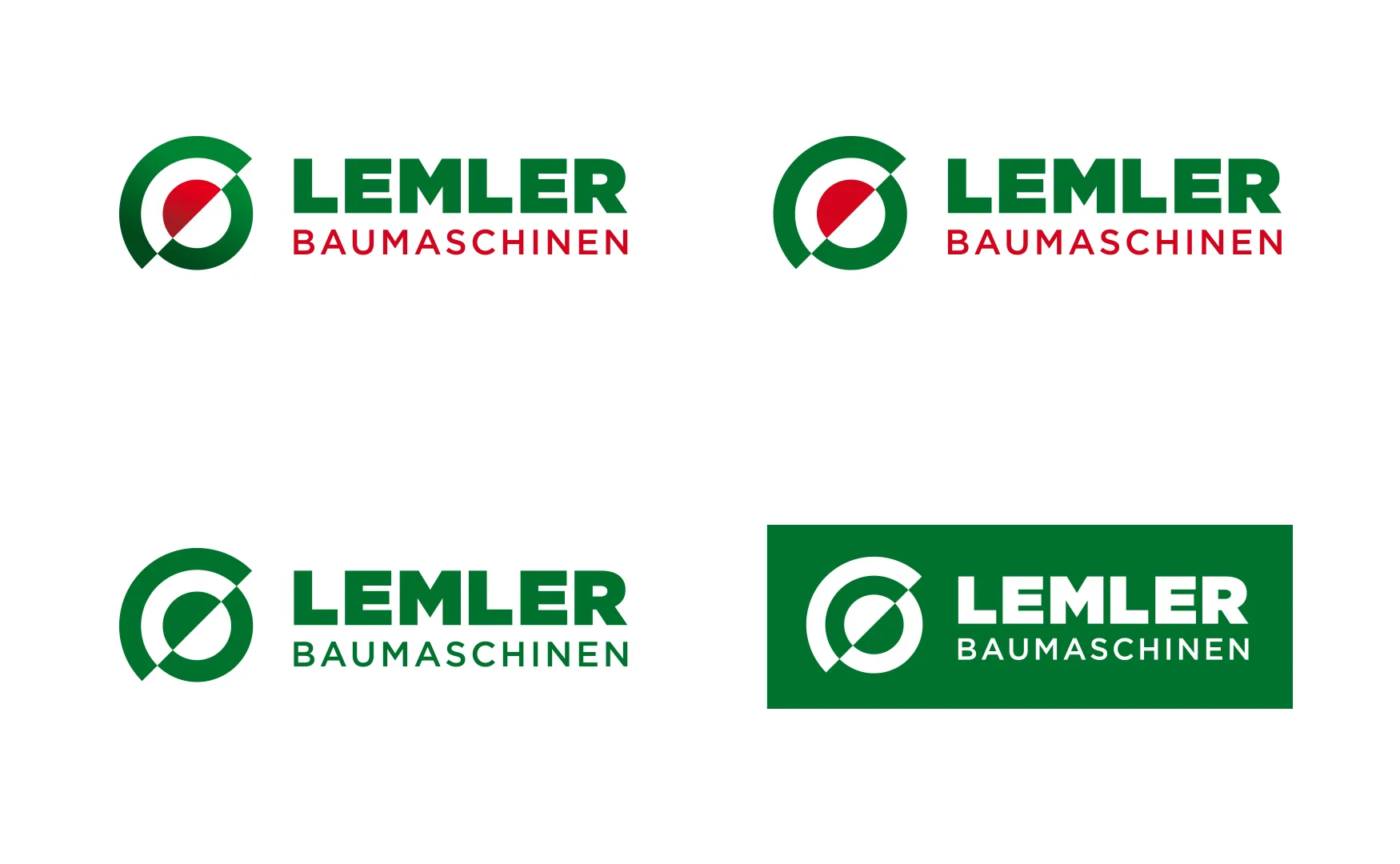 Logo von Lemler Baumaschinen in vier Varianten, farbig, einfarbig grün und weiß auf Grün