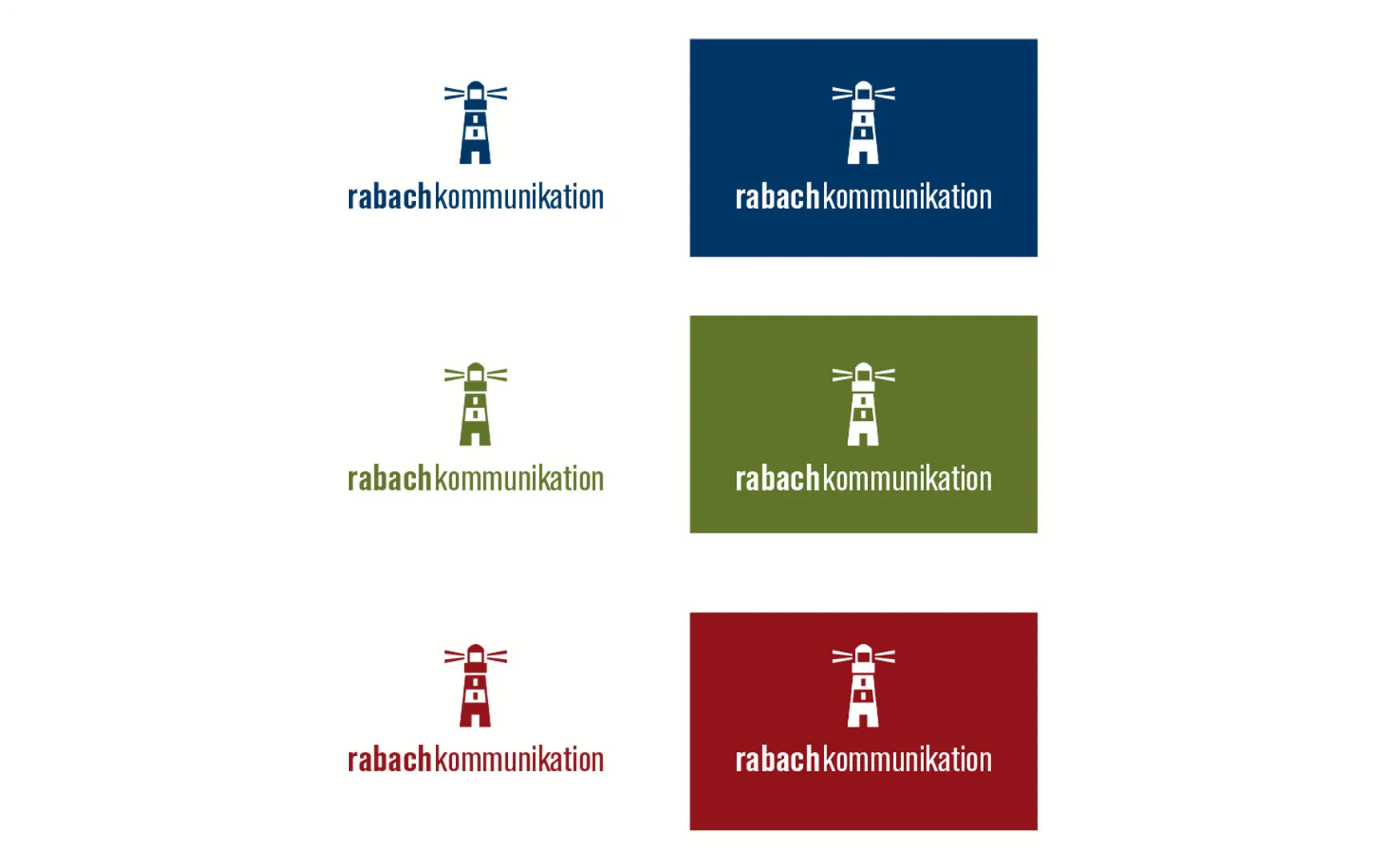 Logo von rabach kommunikation in drei Farben, jeweils auf Weiß und auf Farbfläche