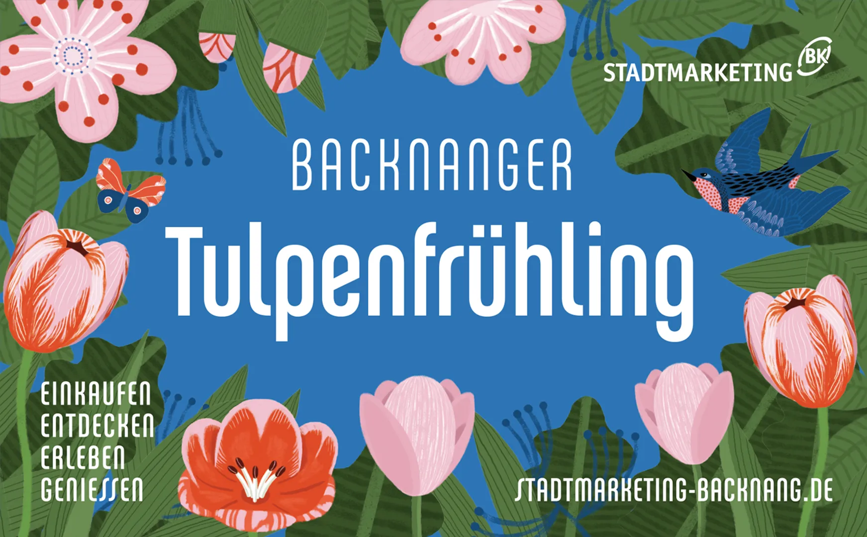 Illustriertes Grundmotiv des Backnanger Tulpenfrühlings mit Tulpen, Vögeln und Schmetterlingen auf Blau