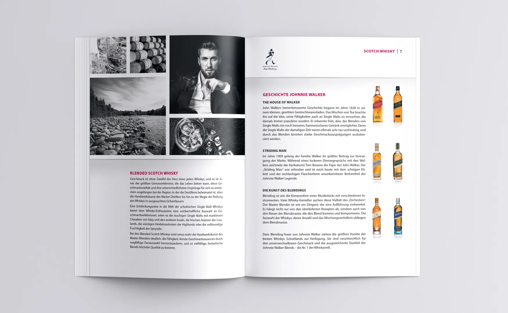 Aufgeschlagene Doppelseite des Diageo-Katalogs zu Johnnie Walker Scotch Whisky mit Schwarzweißfotos