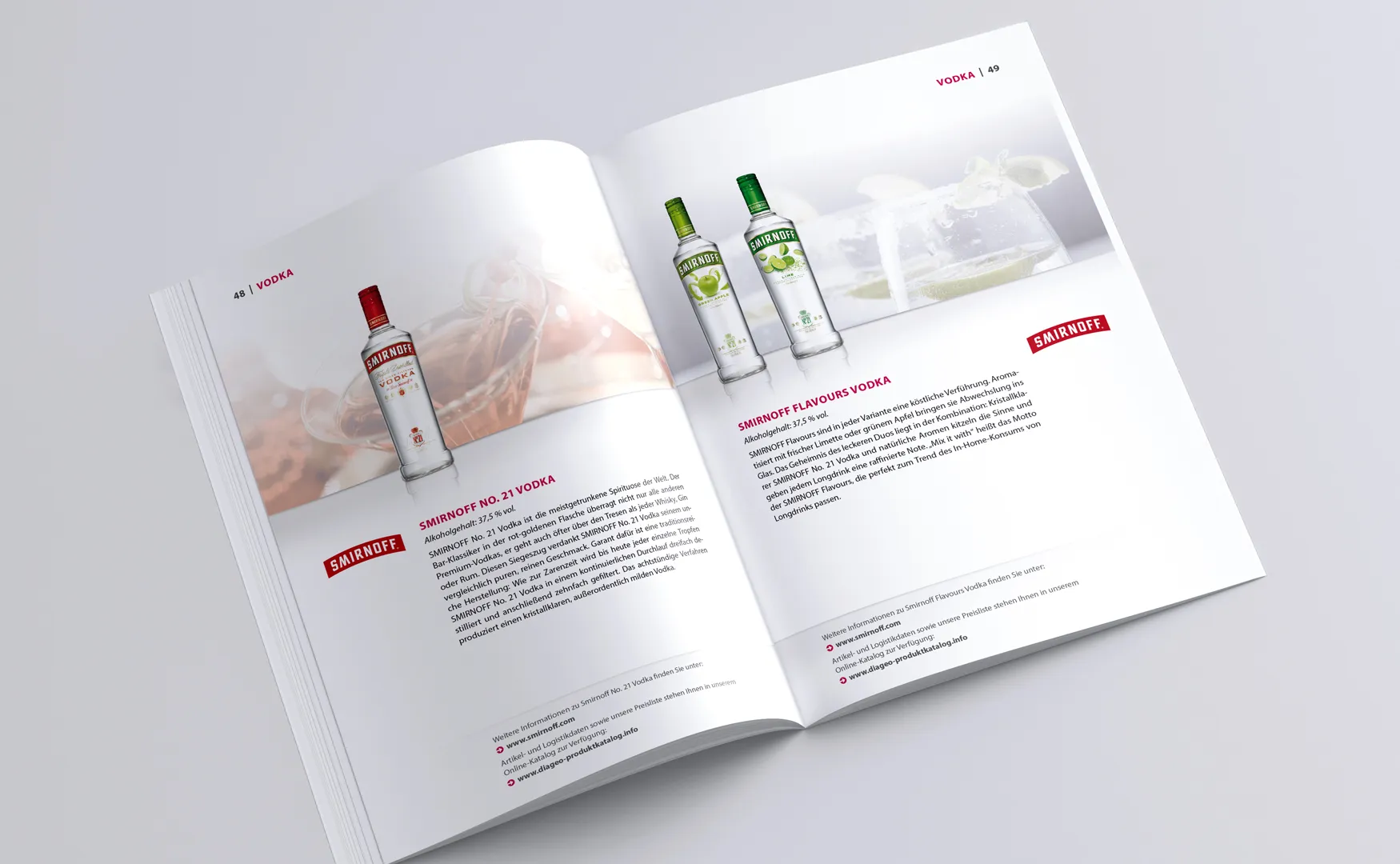 Doppelseite des Diageo-Produktkatalogs mit Smirnoff-Vodkaflaschen und Beschreibungen der Sorten