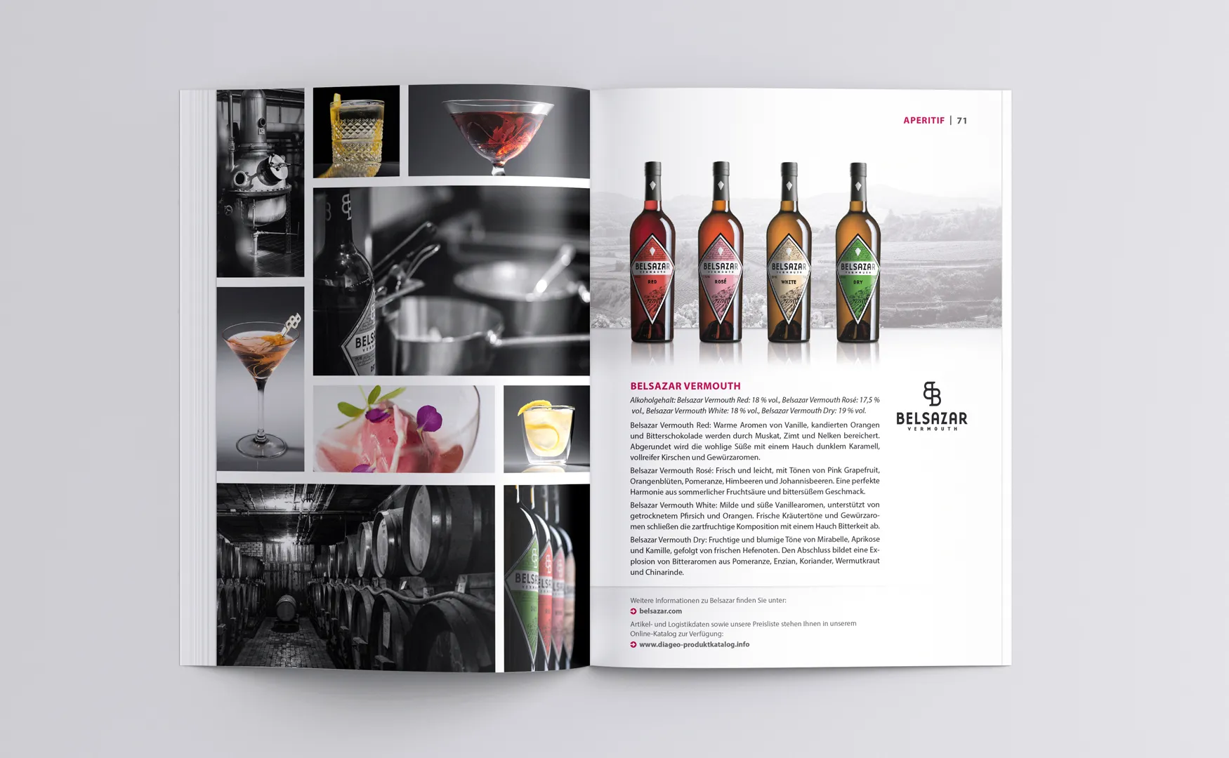 Katalogdoppelseite zu Belsazar Vermouth mit Flaschen und schwarzweißer Bildcollage aus der Bar