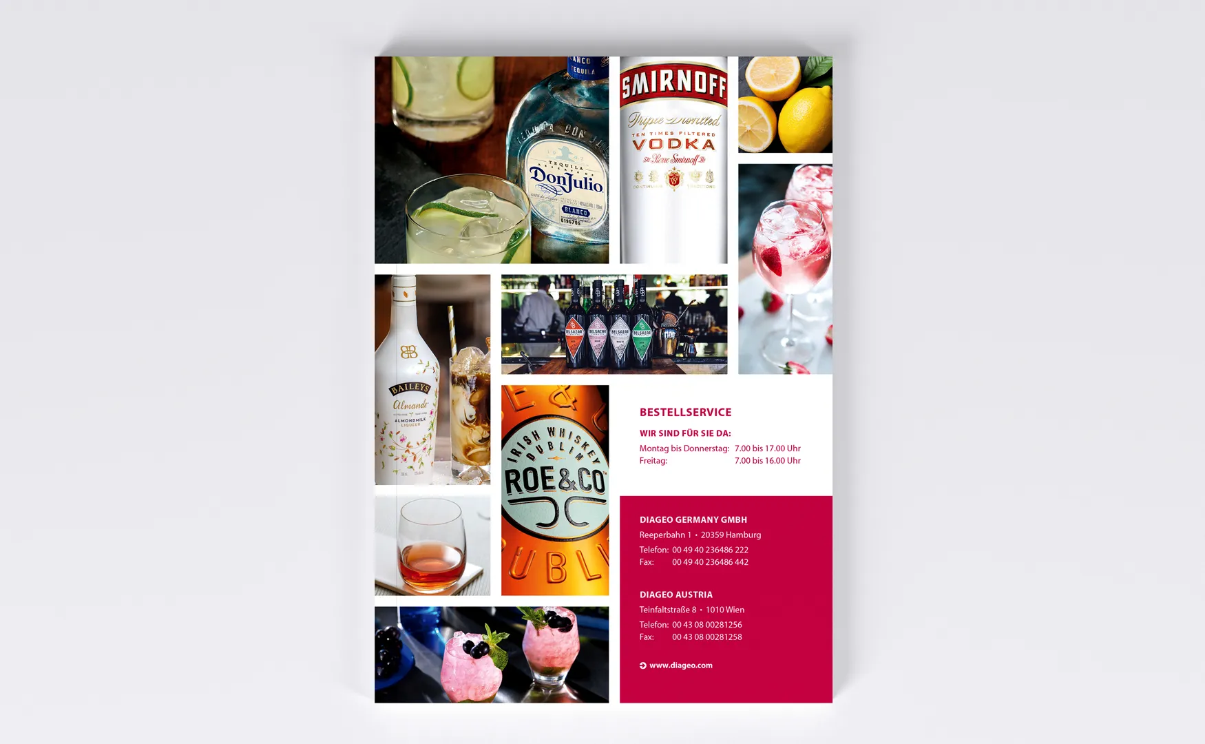 Rückseite des Diageo-Produktkatalogs mit Cocktailfotos, Bestellservice und Kontaktdaten auf rotem Feld