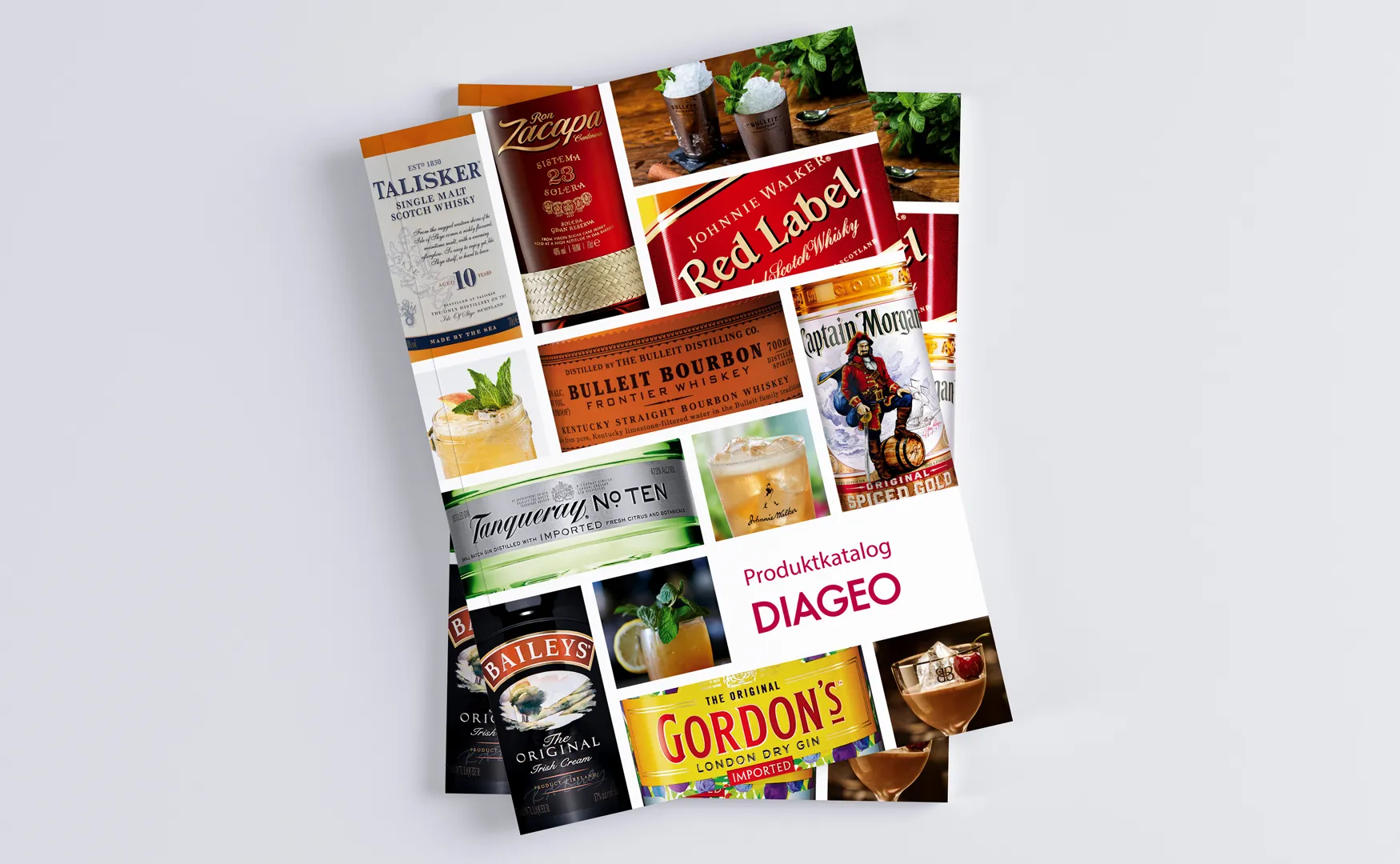 Aufgeschlagener Produktkatalog von Diageo Germany mit Spirituosenmarken