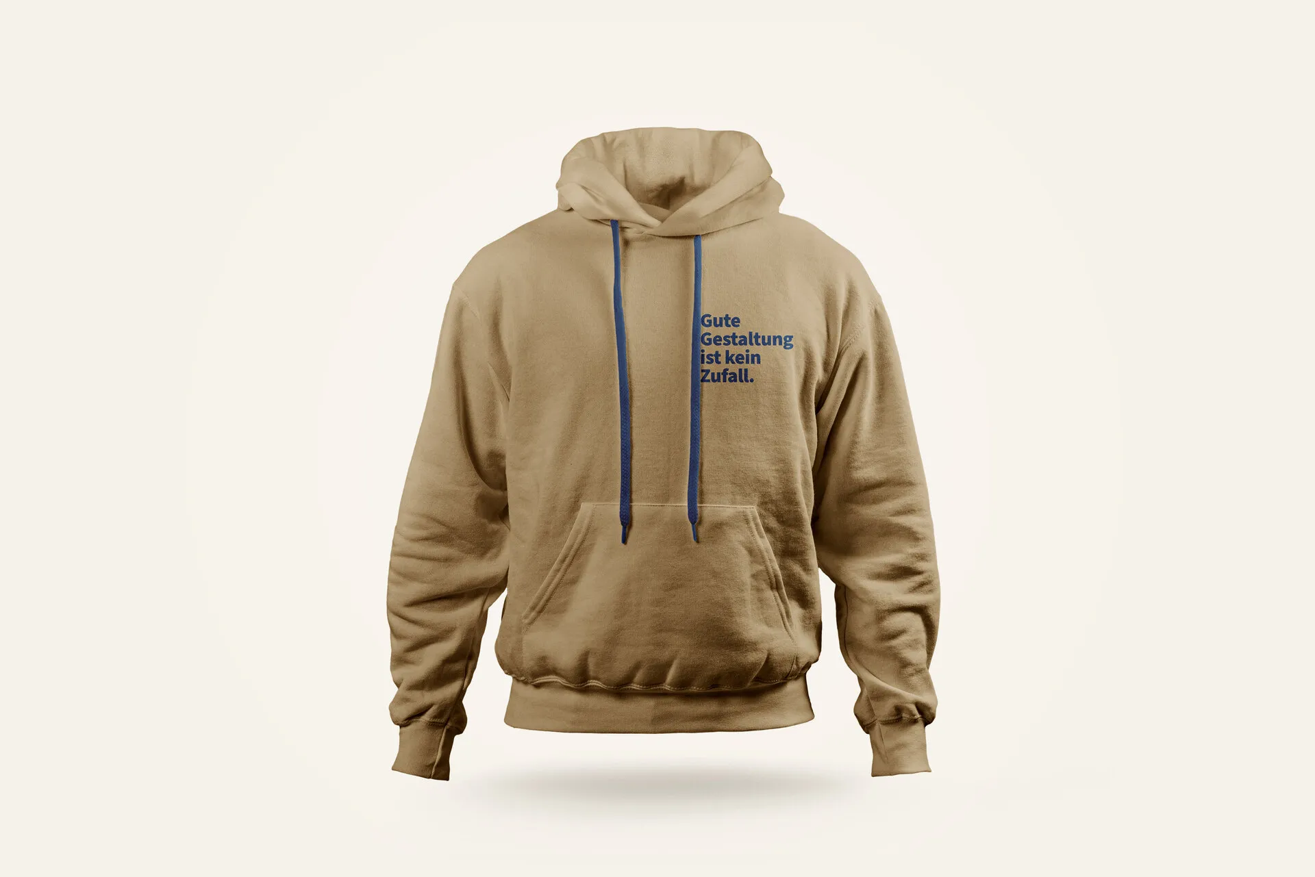 Dunkelbeiger Hoodie mit blauen Kordeln und kleinem blauem Brustdruck „Gute Gestaltung ist kein Zufall.“