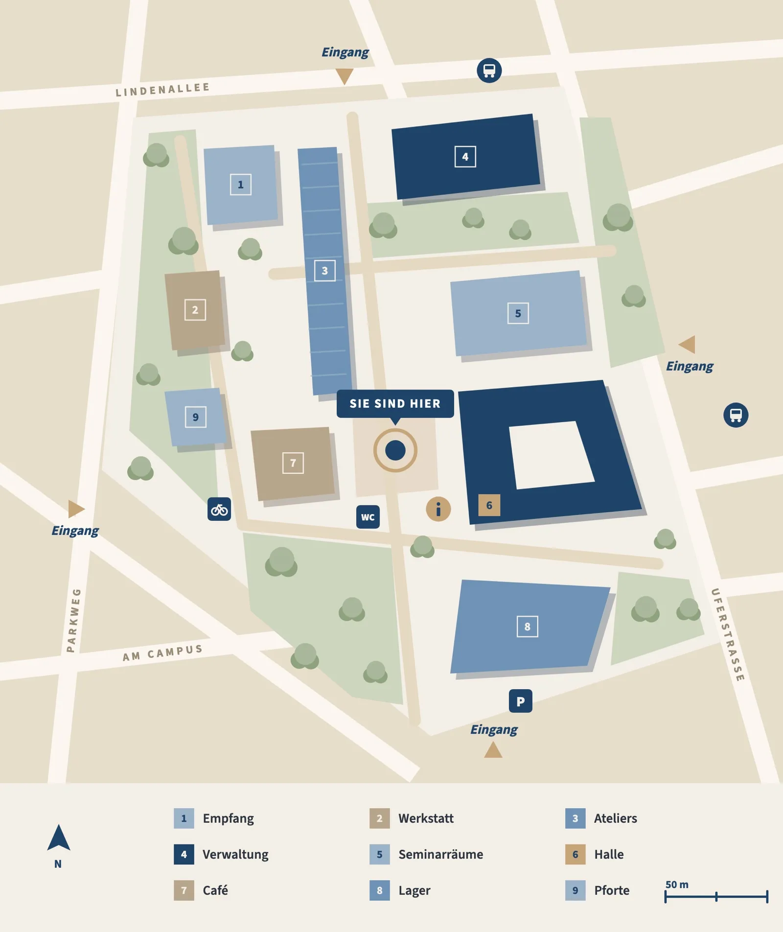 Illustrierter Lageplan eines Geländes mit nummerierten Gebäuden, Eingängen, Symbolen und der Markierung Sie sind hier