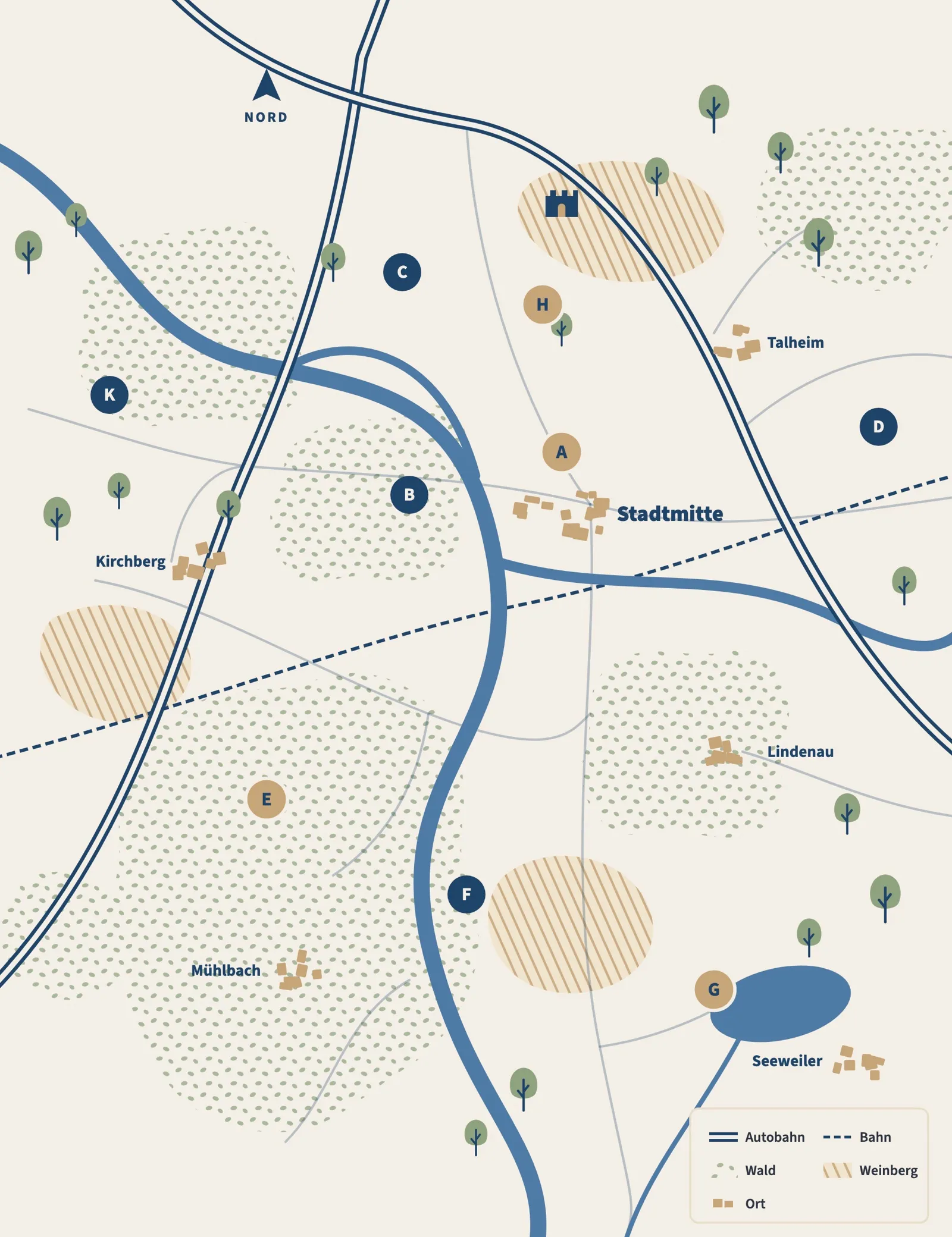 Illustrierte Regionalkarte mit Fluss, gepunkteten Wäldern, goldenen Weinbergen und Orten sowie markierten Ausflugszielen