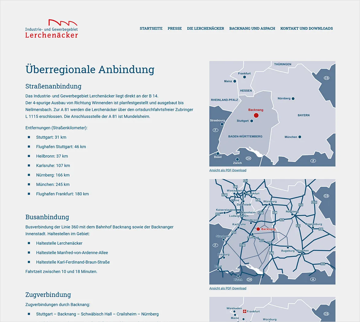 Unterseite Überregionale Anbindung von lerchenaecker.de mit Entfernungen und Verkehrskarten