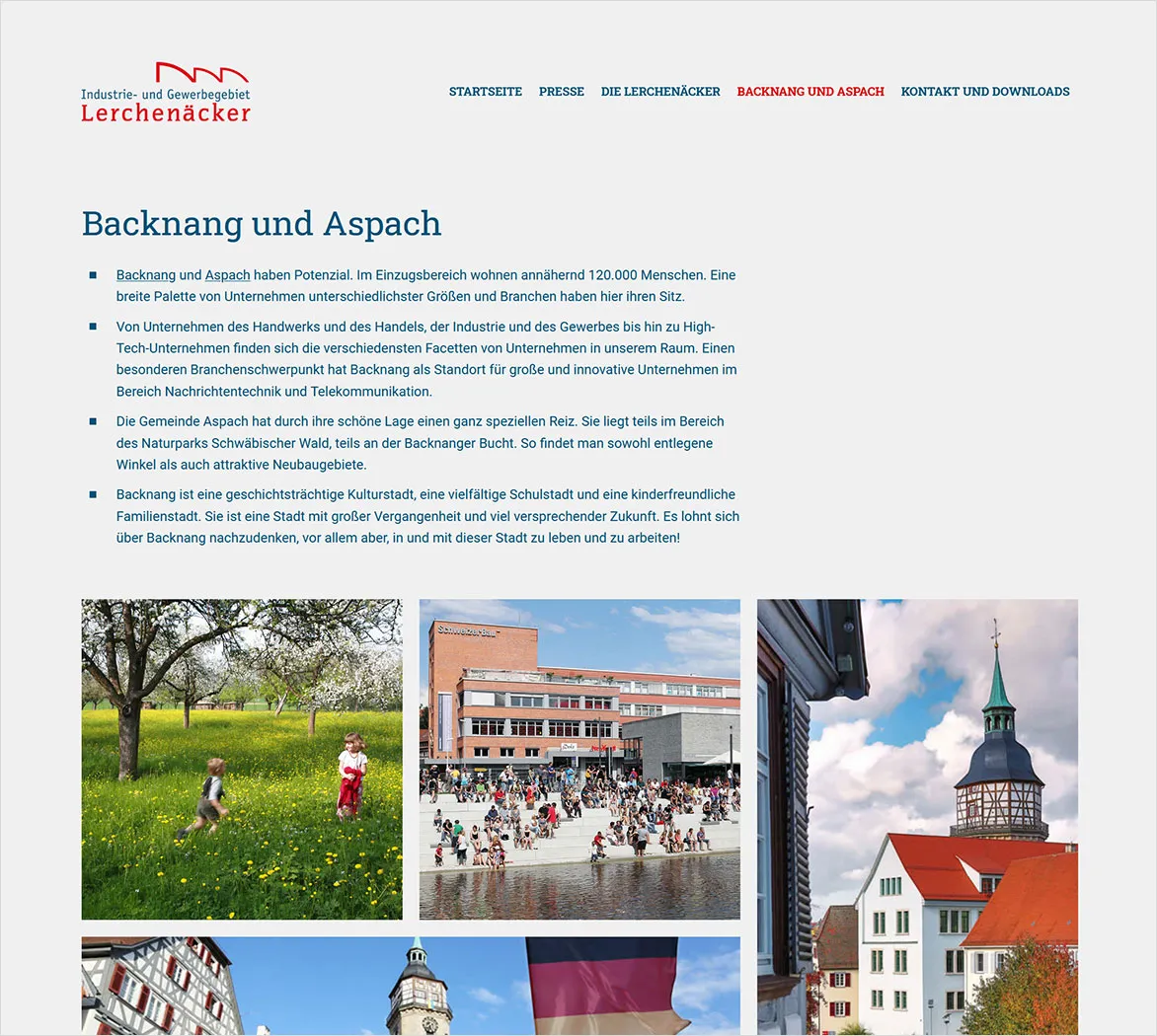Unterseite Backnang und Aspach der Website lerchenaecker.de mit Text und Fotogalerie