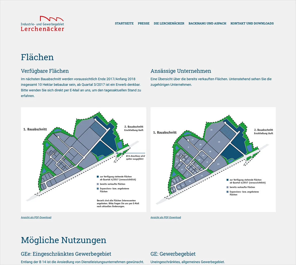 Unterseite Flächen der Website lerchenaecker.de mit Lageplänen der Bauabschnitte