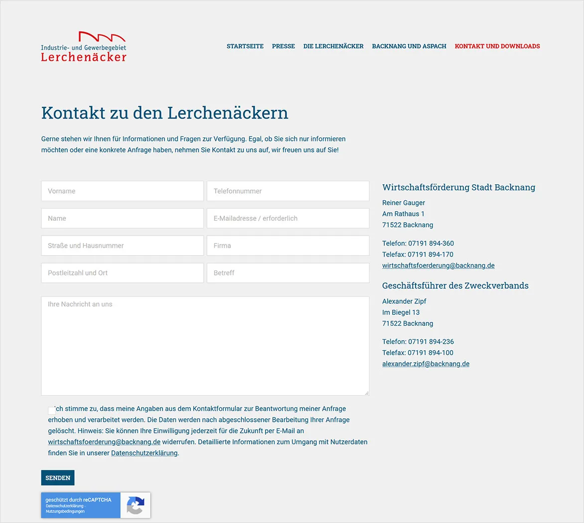 Kontaktseite der Website lerchenaecker.de mit Formular und Ansprechpartnern der Wirtschaftsförderung