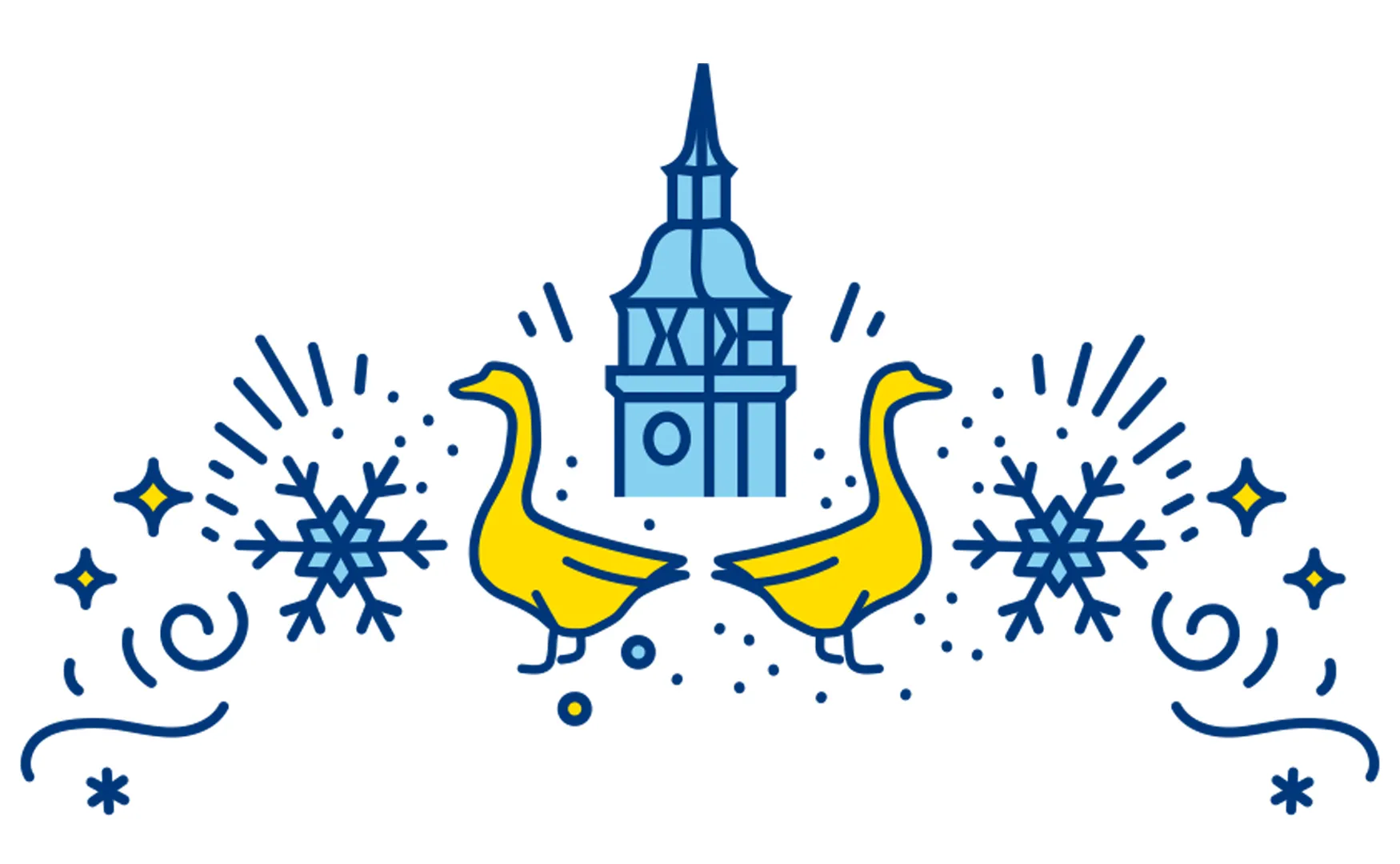 Weihnachtsillustration der Stadt Backnang mit Stadtturm, zwei gelben Gänsen und Schneeflocken