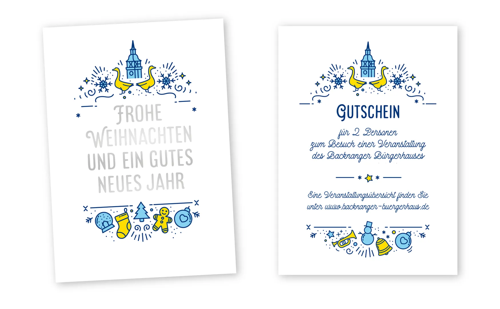 Weihnachtskarte mit Silberschrift und Gutschein für das Backnanger Bürgerhaus im Illustrationsstil